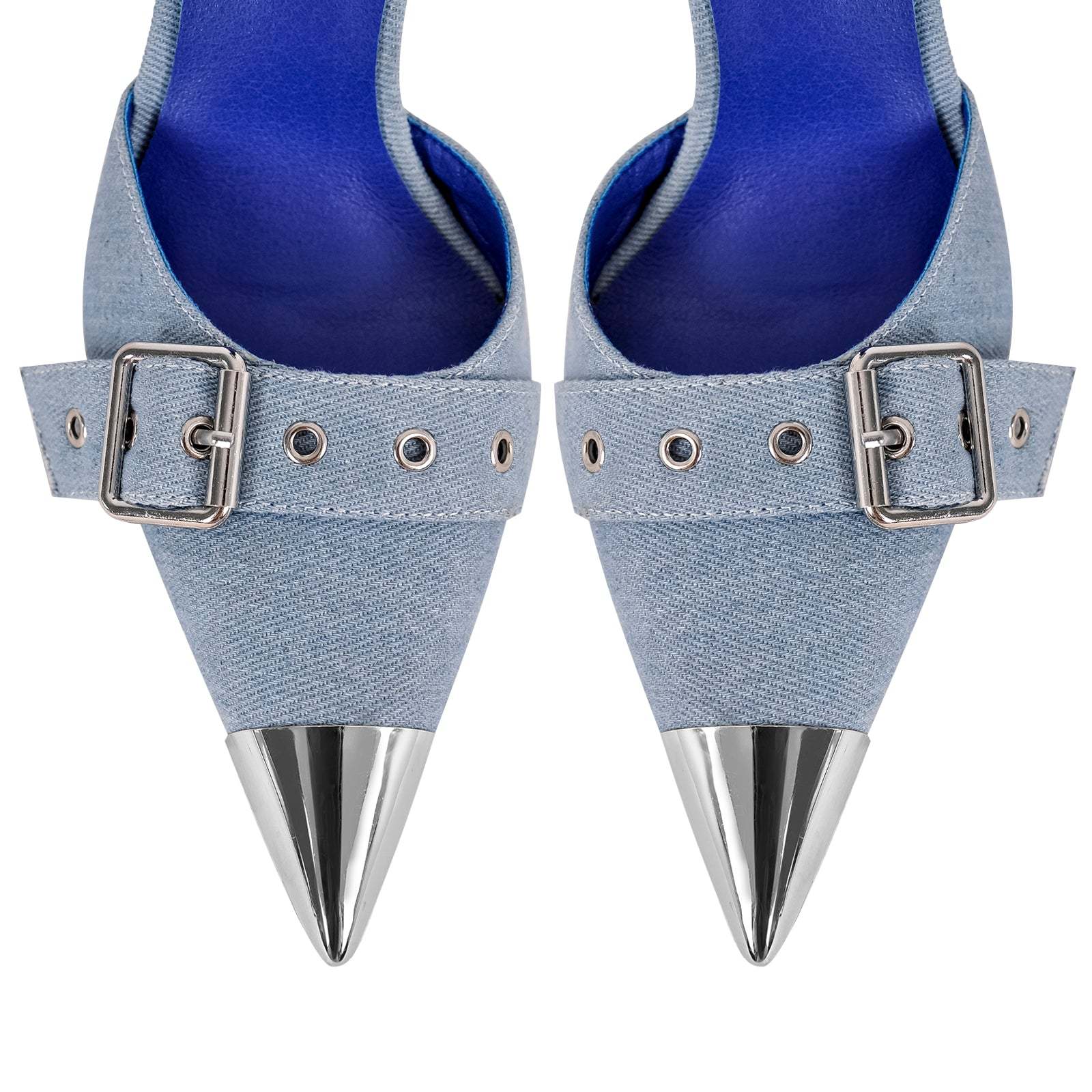 Pumps Riemchenpumps mit Pfennigabsatz Stilettos Knöchel Schnallen High Heels Denim Blau