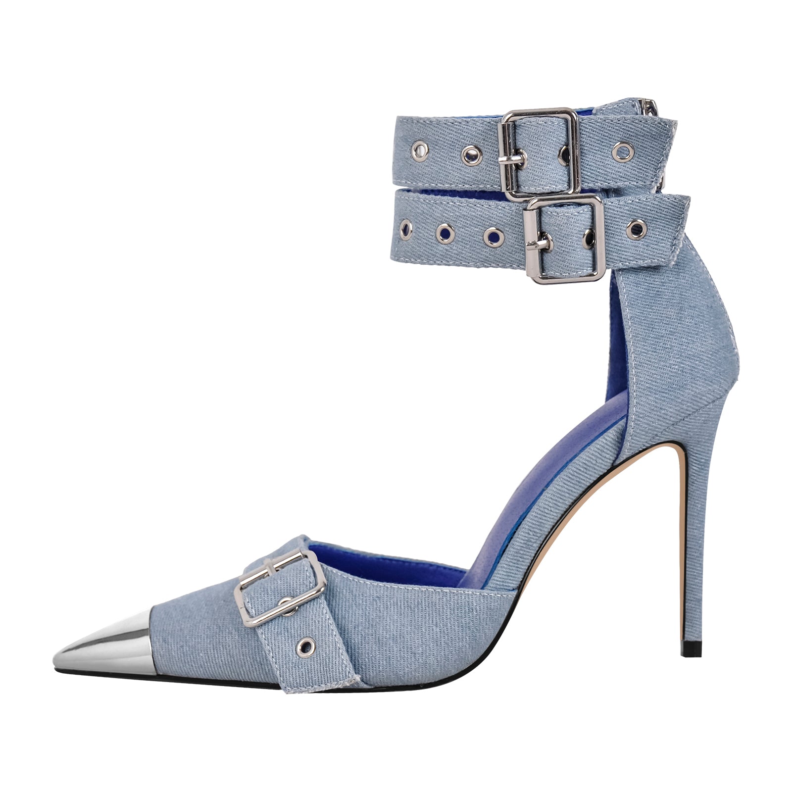 Pumps Riemchenpumps mit Pfennigabsatz Stilettos Knöchel Schnallen High Heels Denim Blau