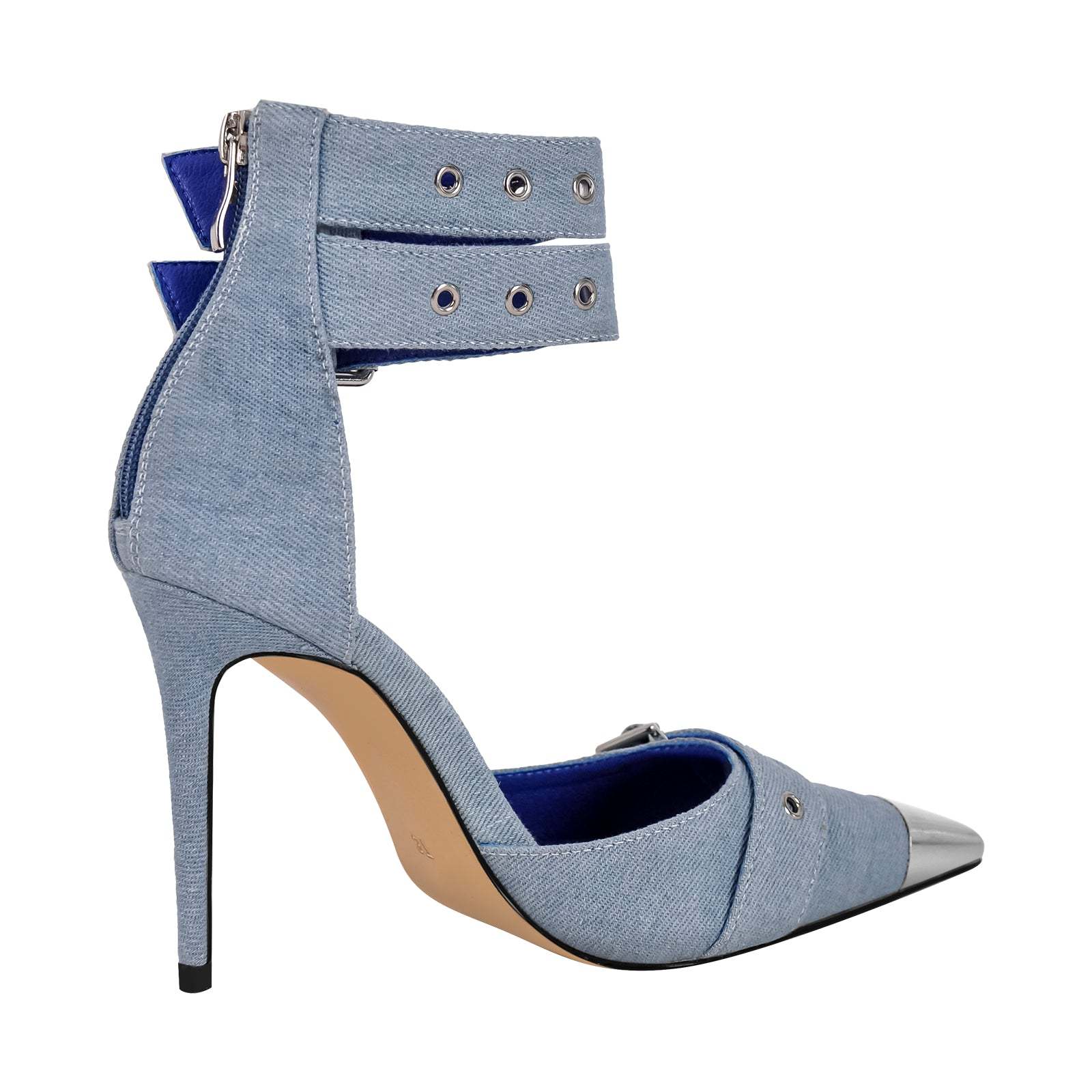 Pumps Riemchenpumps mit Pfennigabsatz Stilettos Knöchel Schnallen High Heels Denim Blau