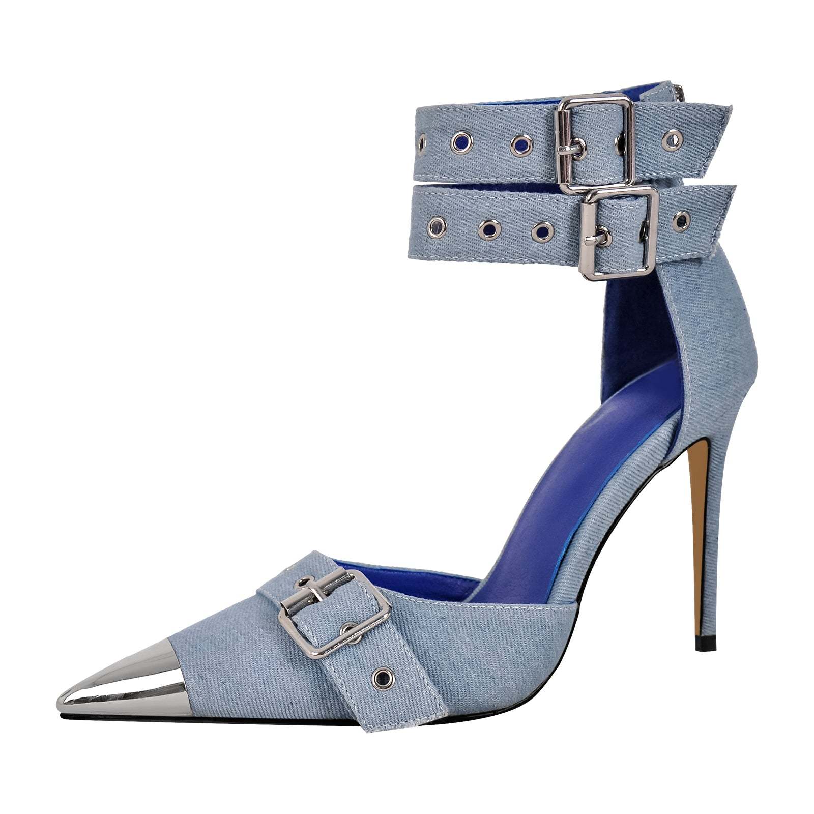 Pumps Riemchenpumps mit Pfennigabsatz Stilettos Knöchel Schnallen High Heels Denim Blau
