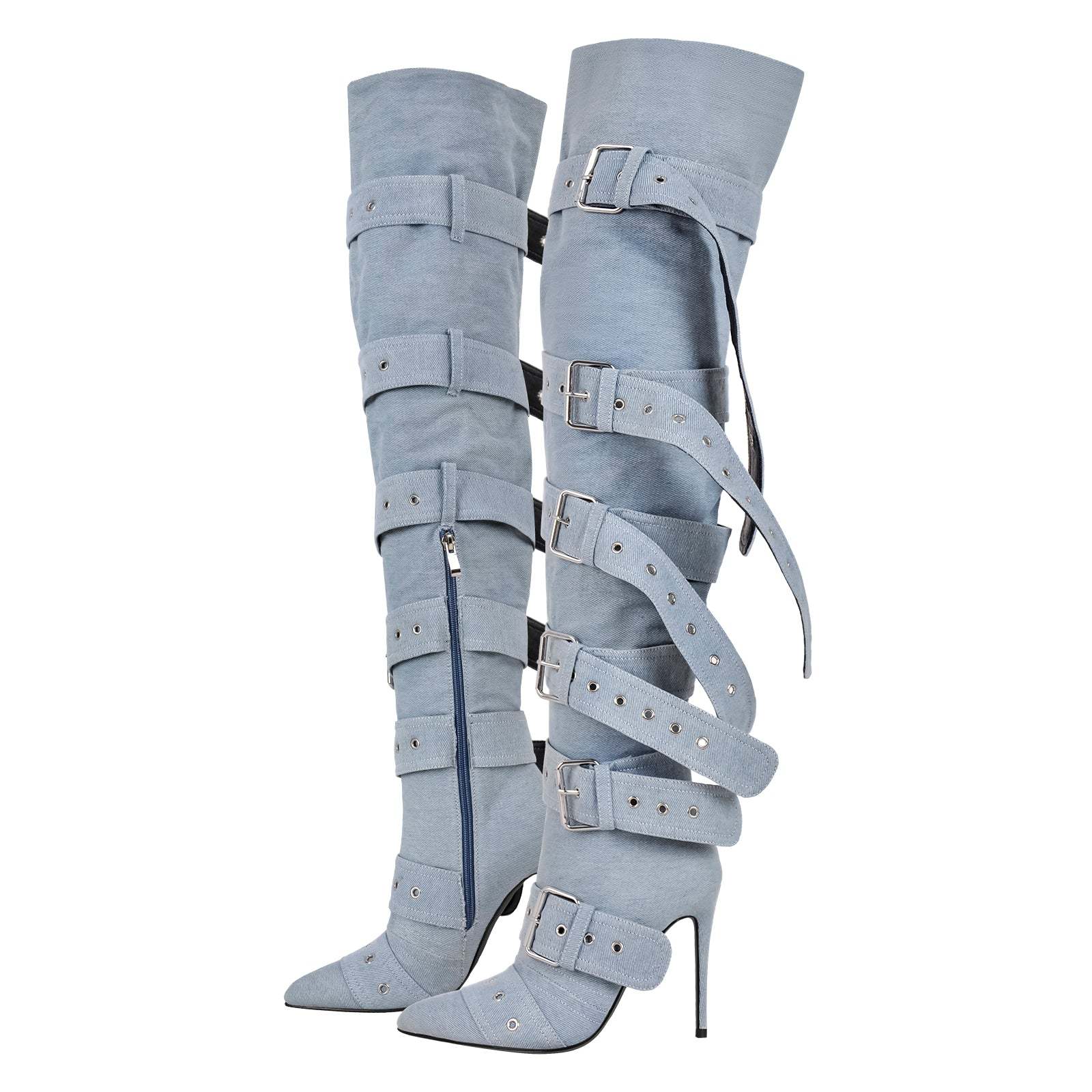 Spitze Zehen Overknee Stiefel Schnallen verzierte Ösen Gothic Boots
