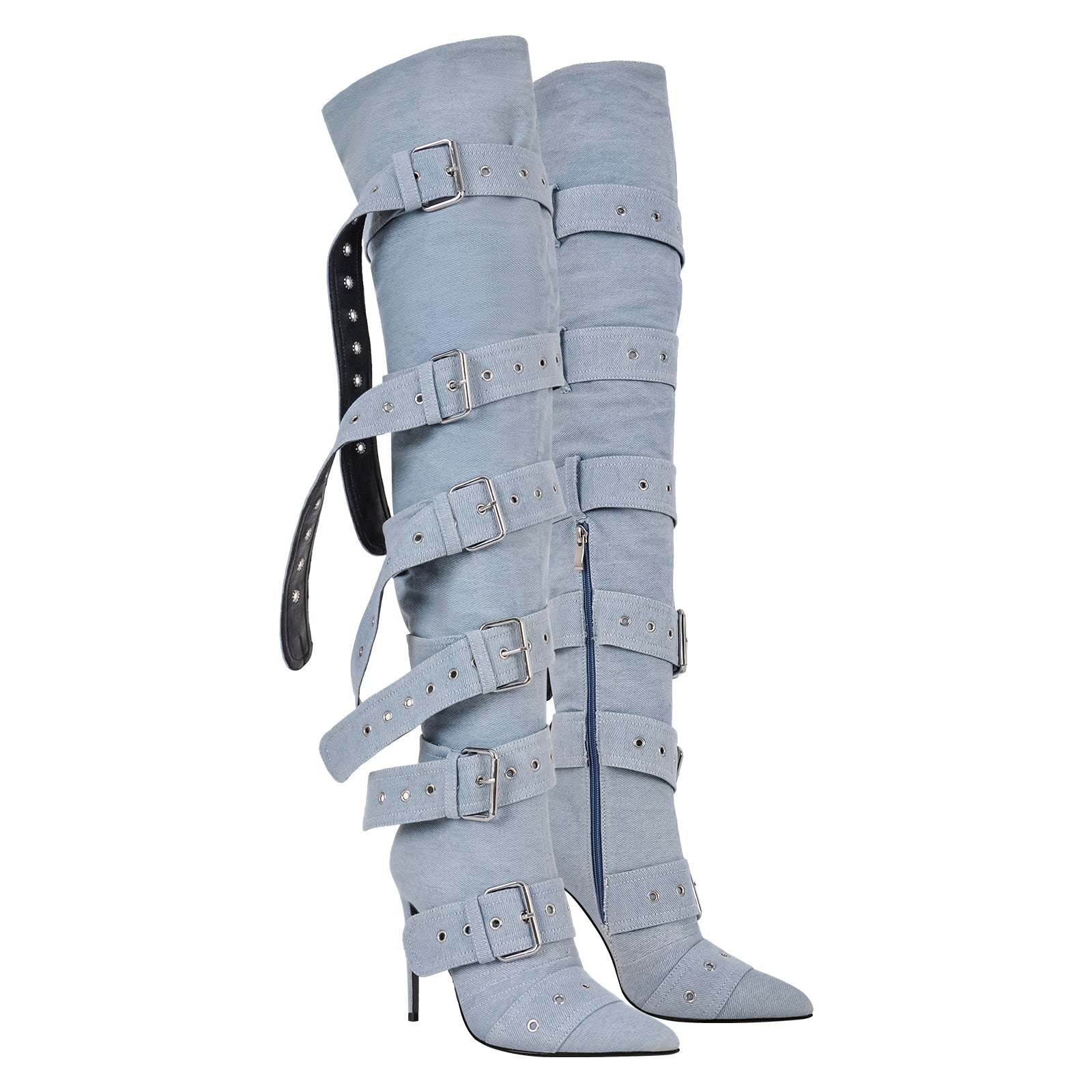 Spitze Zehen Overknee Stiefel Schnallen verzierte Ösen Gothic Boots
