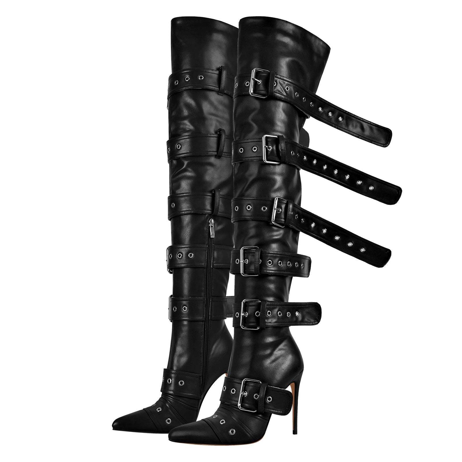 Spitze Zehen Overknee Stiefel Schnallen verzierte Ösen Gothic Boots
