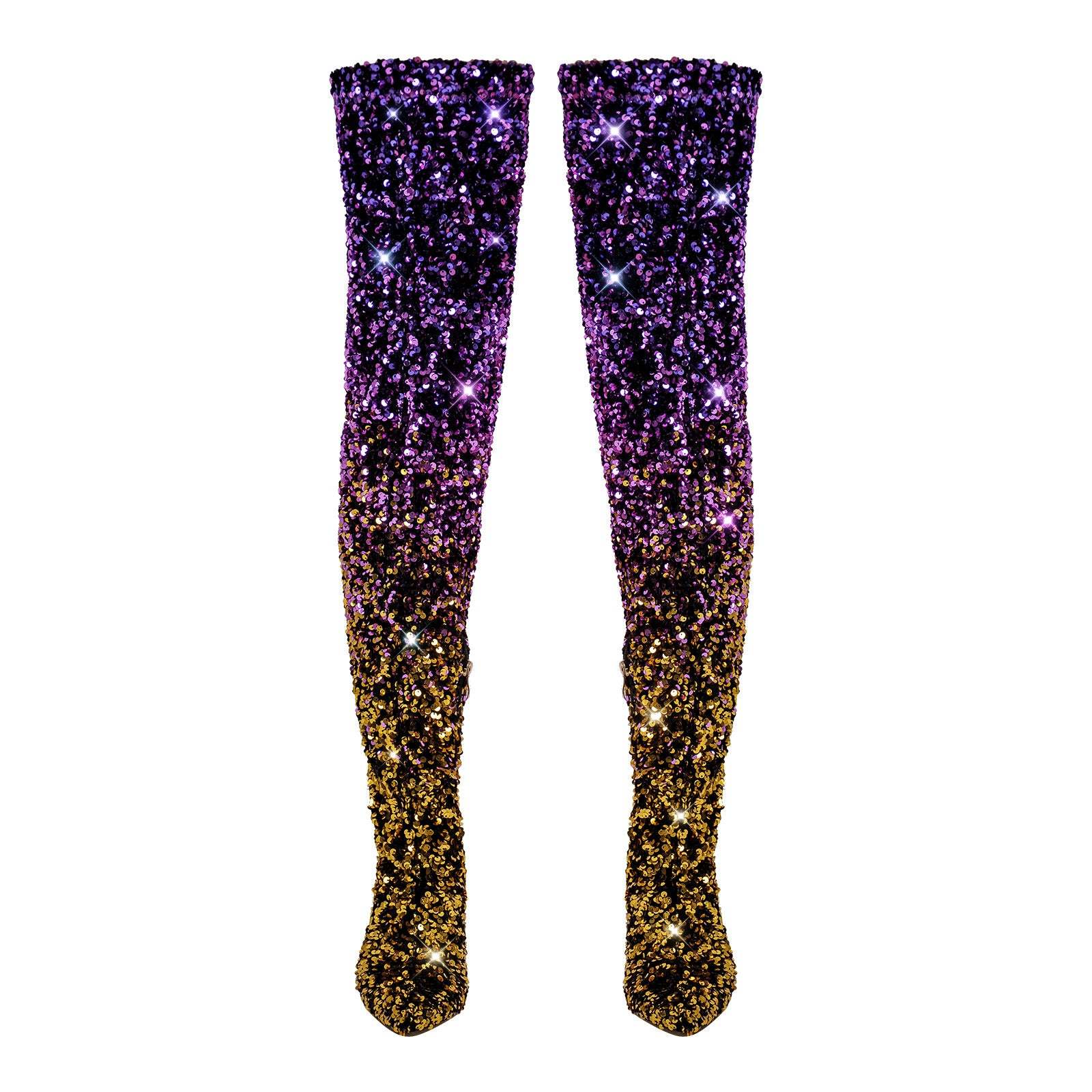 Glänzende Stiefel Overknee Pfennigabsatz Stilettos Farbverlauf