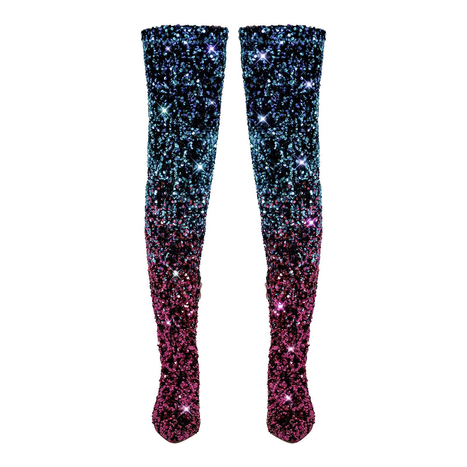 Glänzende Stiefel Overknee Pfennigabsatz Stilettos Farbverlauf