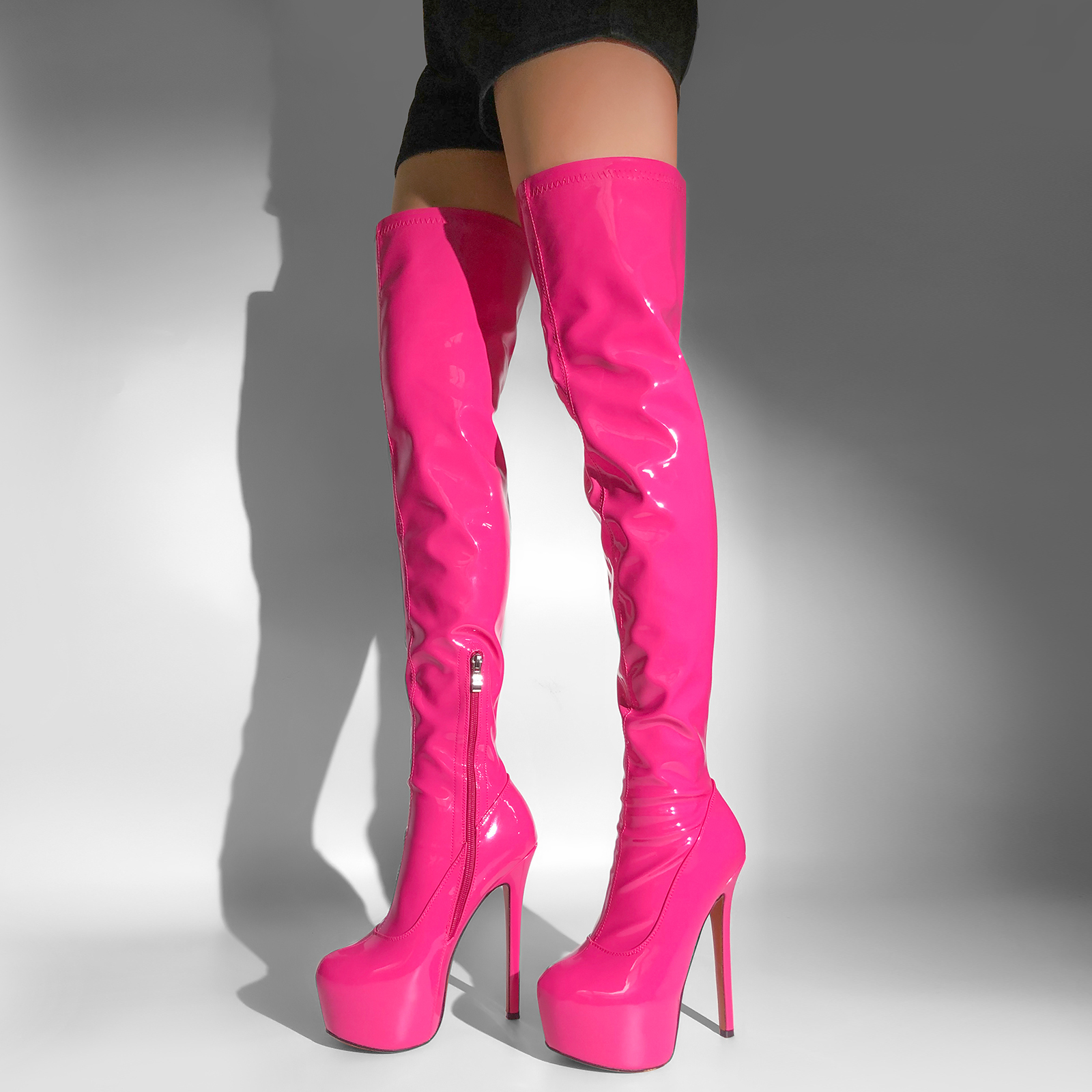 Plateau Overknee mit Pfennigabsatz High Heels Damenschuhe Stilettos Elastische Stiefel Lack