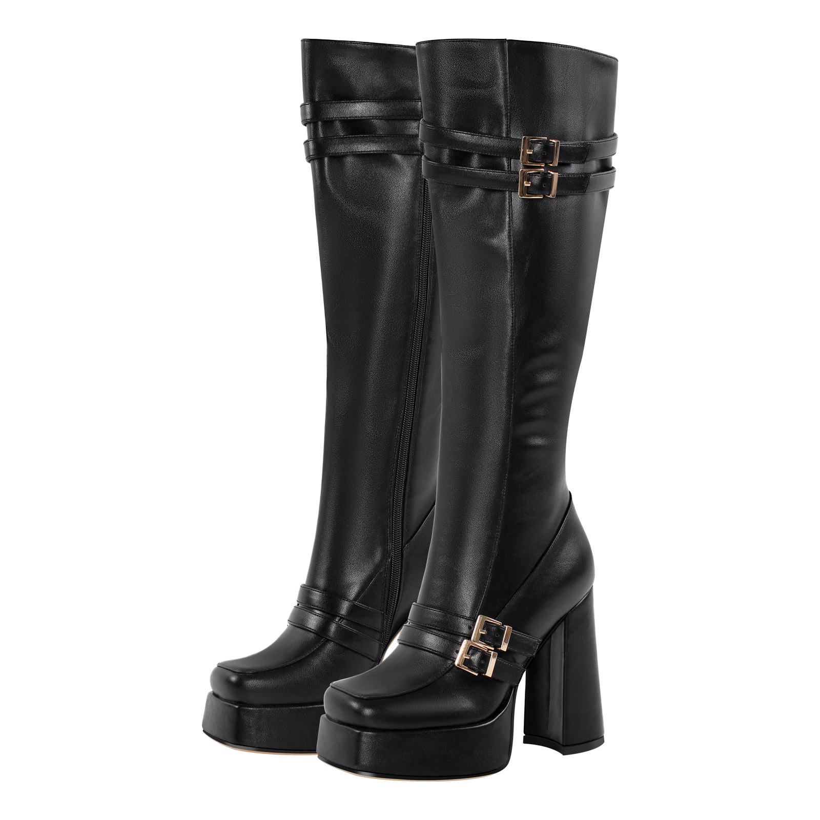 Plateau Langschaft Stiefel mit Blockabsatz Weitschaft Stiefel verzierte Schnallen High Heels Quatische Zehen