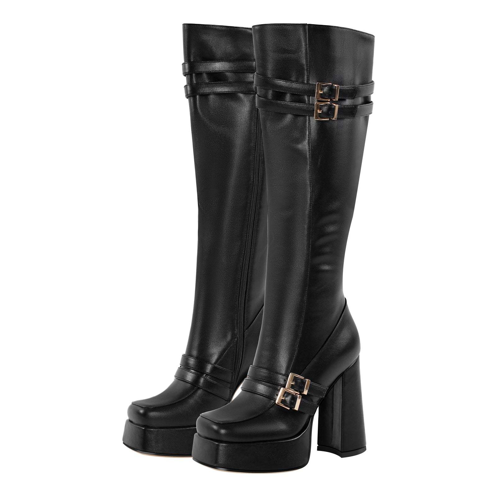 Plateau Langschaft Stiefel mit Blockabsatz Weitschaft Stiefel verzierte Schnallen High Heels Quatische Zehen