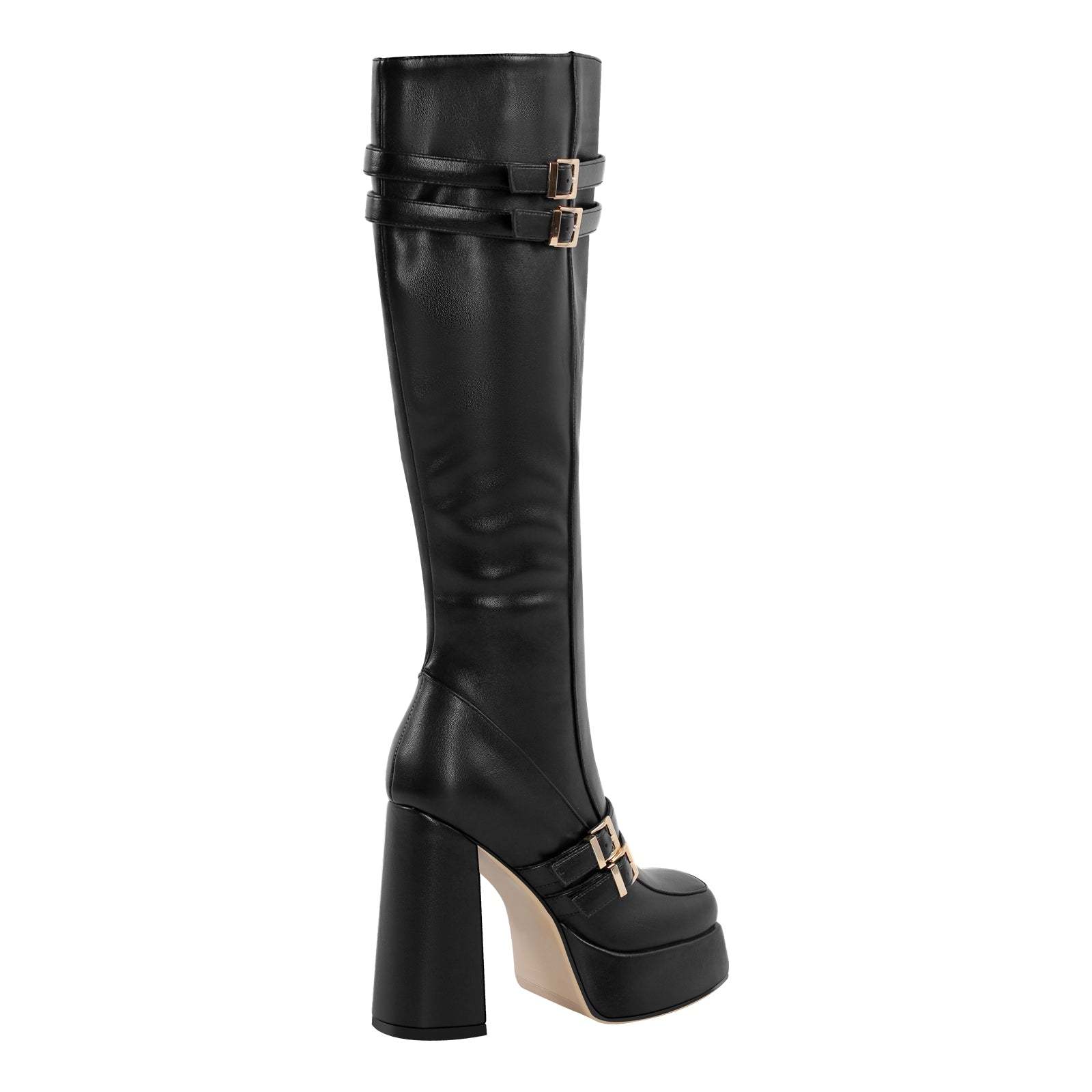 Plateau Langschaft Stiefel mit Blockabsatz Weitschaft Stiefel verzierte Schnallen High Heels Quatische Zehen