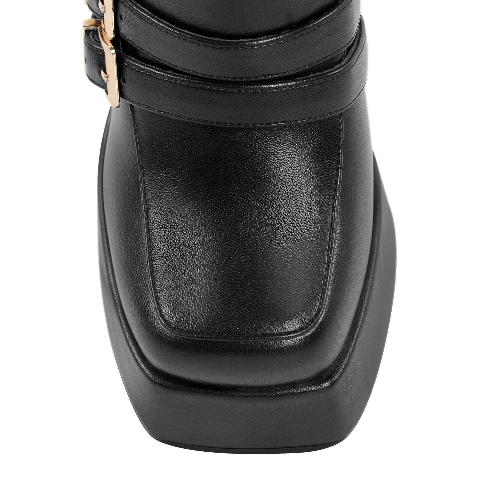 Plateau Langschaft Stiefel mit Blockabsatz Weitschaft Stiefel verzierte Schnallen High Heels Quatische Zehen