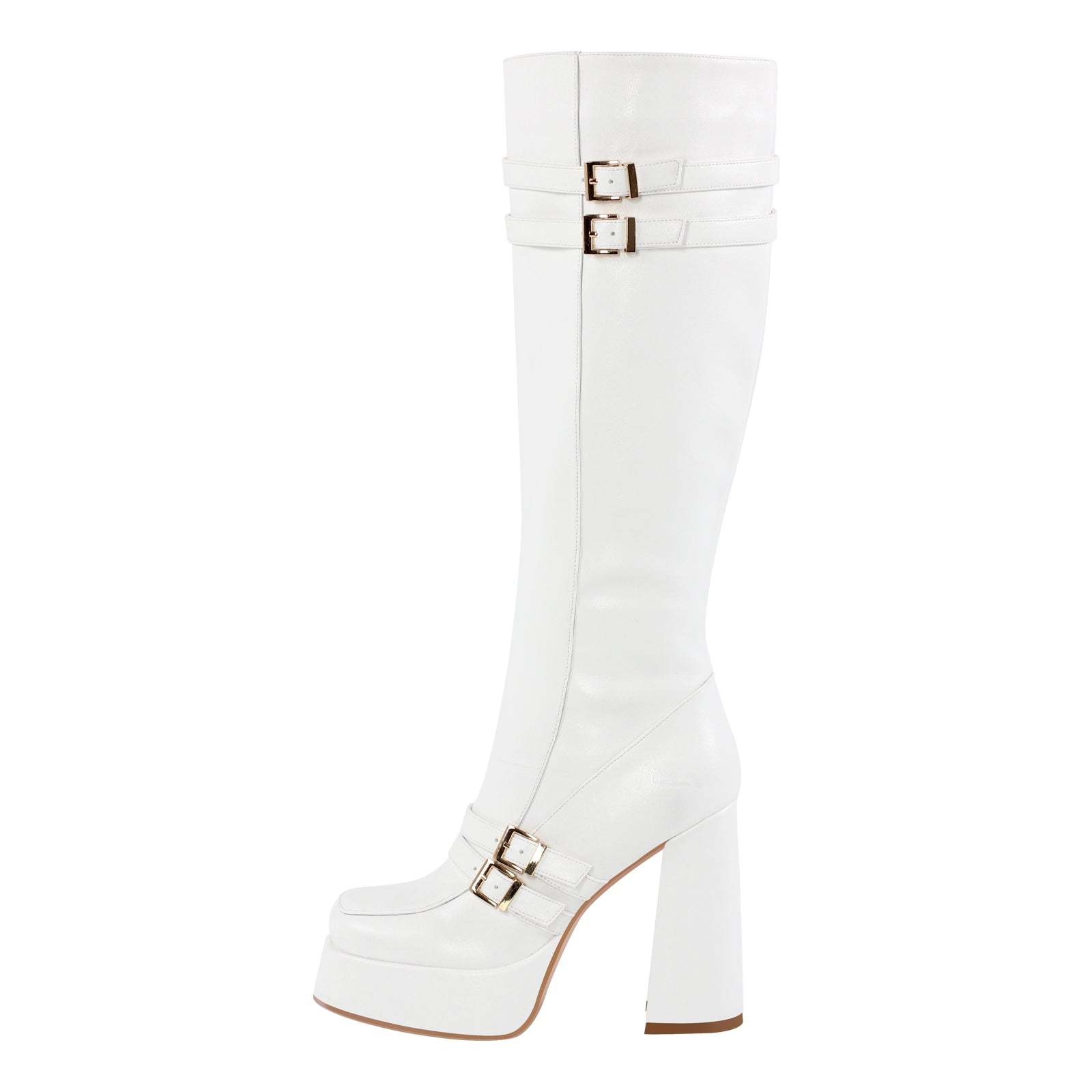 Plateau Langschaft Stiefel mit Blockabsatz Weitschaft Stiefel verzierte Schnallen High Heels Quatische Zehen