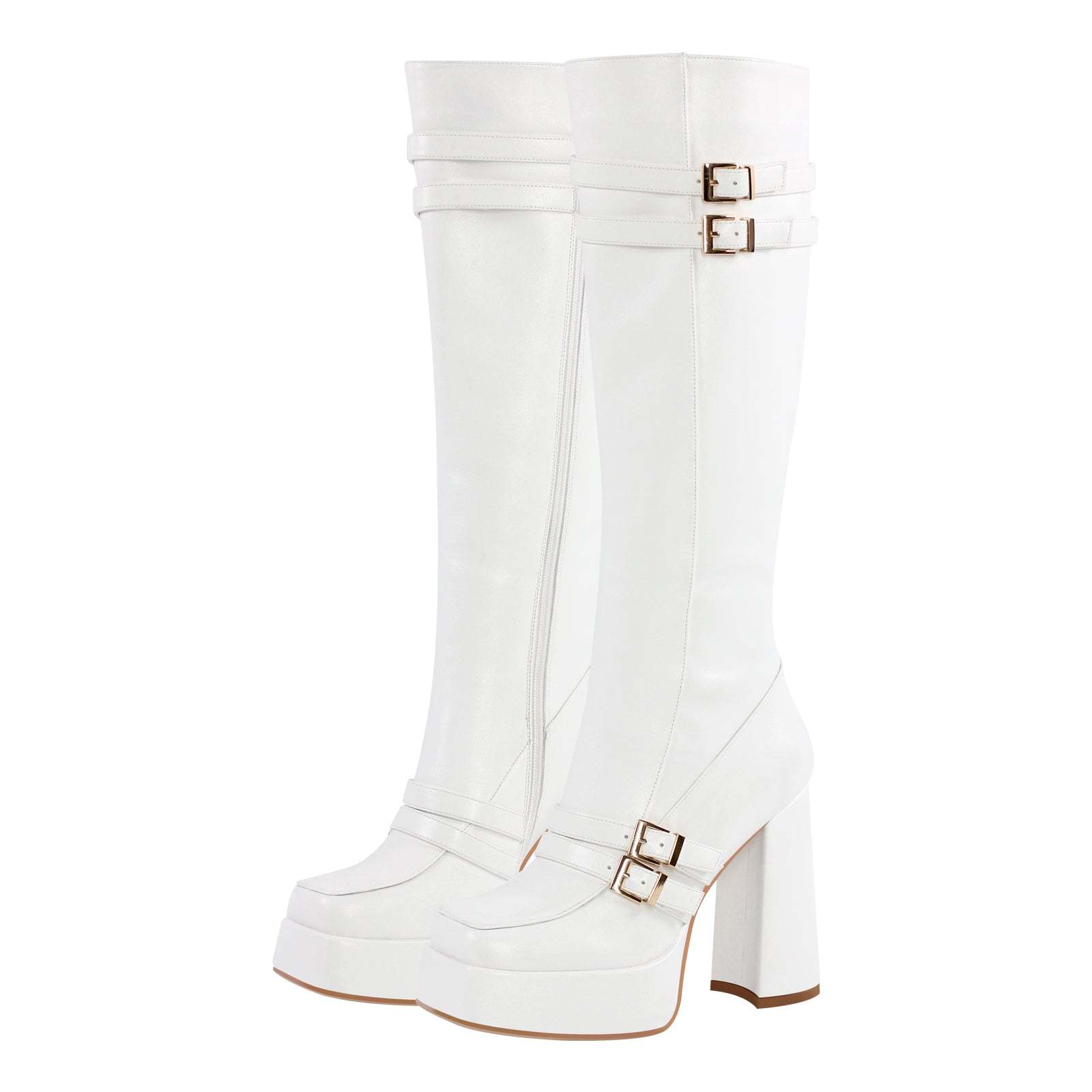 Plateau Langschaft Stiefel mit Blockabsatz Weitschaft Stiefel verzierte Schnallen High Heels Quatische Zehen