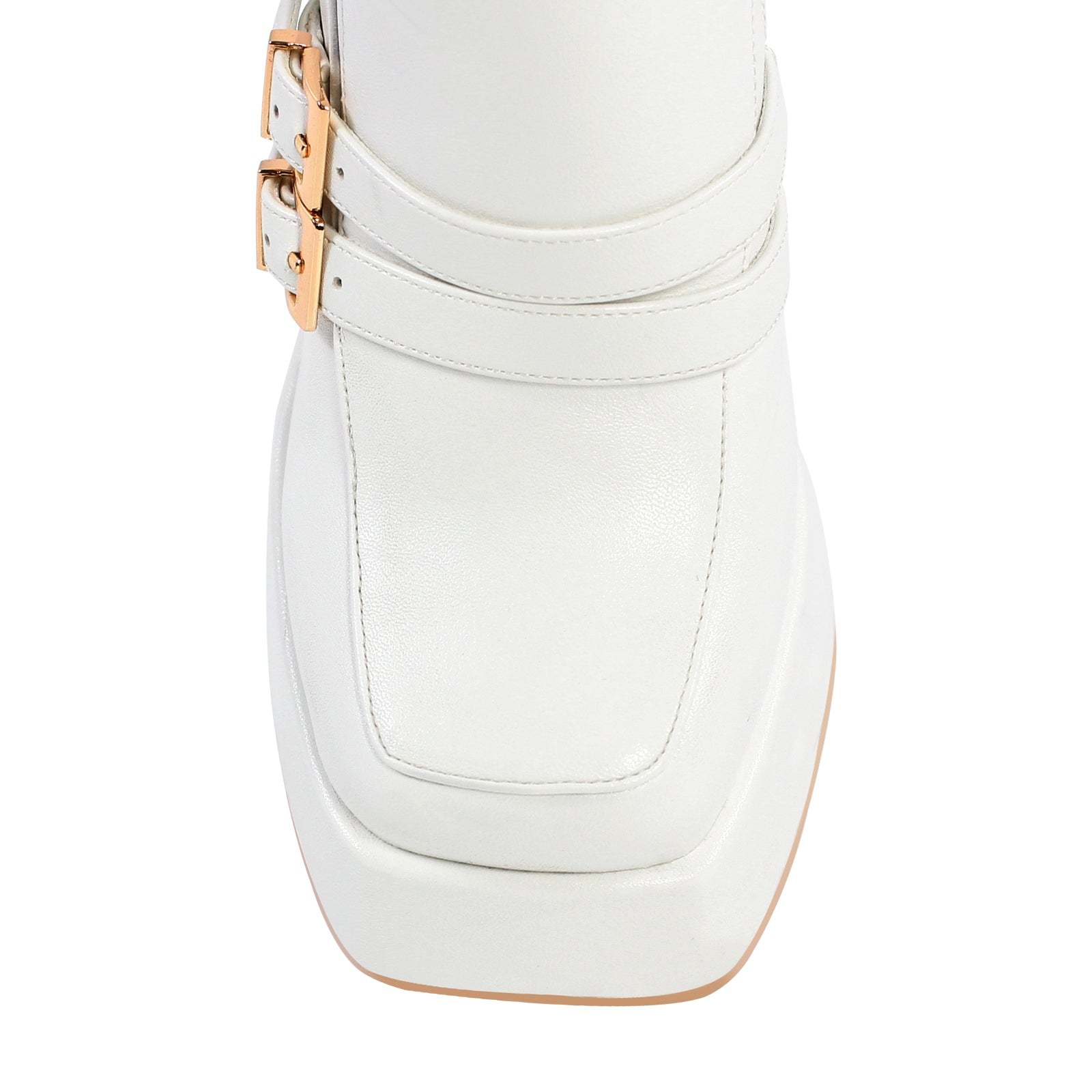 Plateau Langschaft Stiefel mit Blockabsatz Weitschaft Stiefel verzierte Schnallen High Heels Quatische Zehen