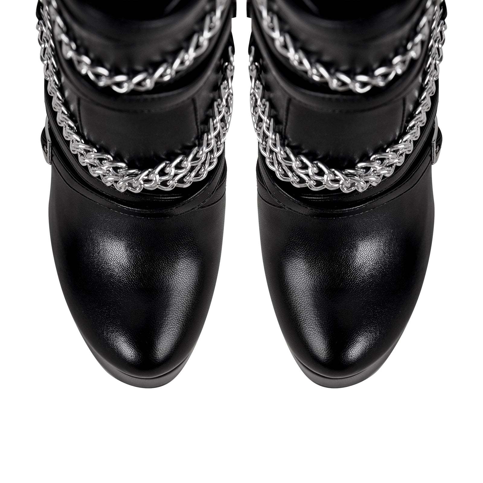 Plateau Stiefeletten mit Pfennigabsatz verzierte Metallketten
