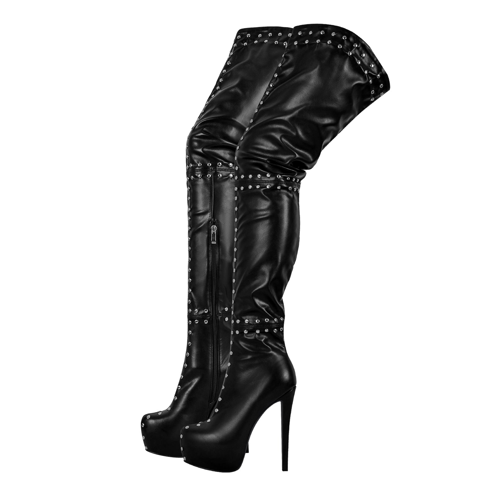 Plateau Overknee Stiefel mit Pfennigabsatz verzierte Nieten Schwarz