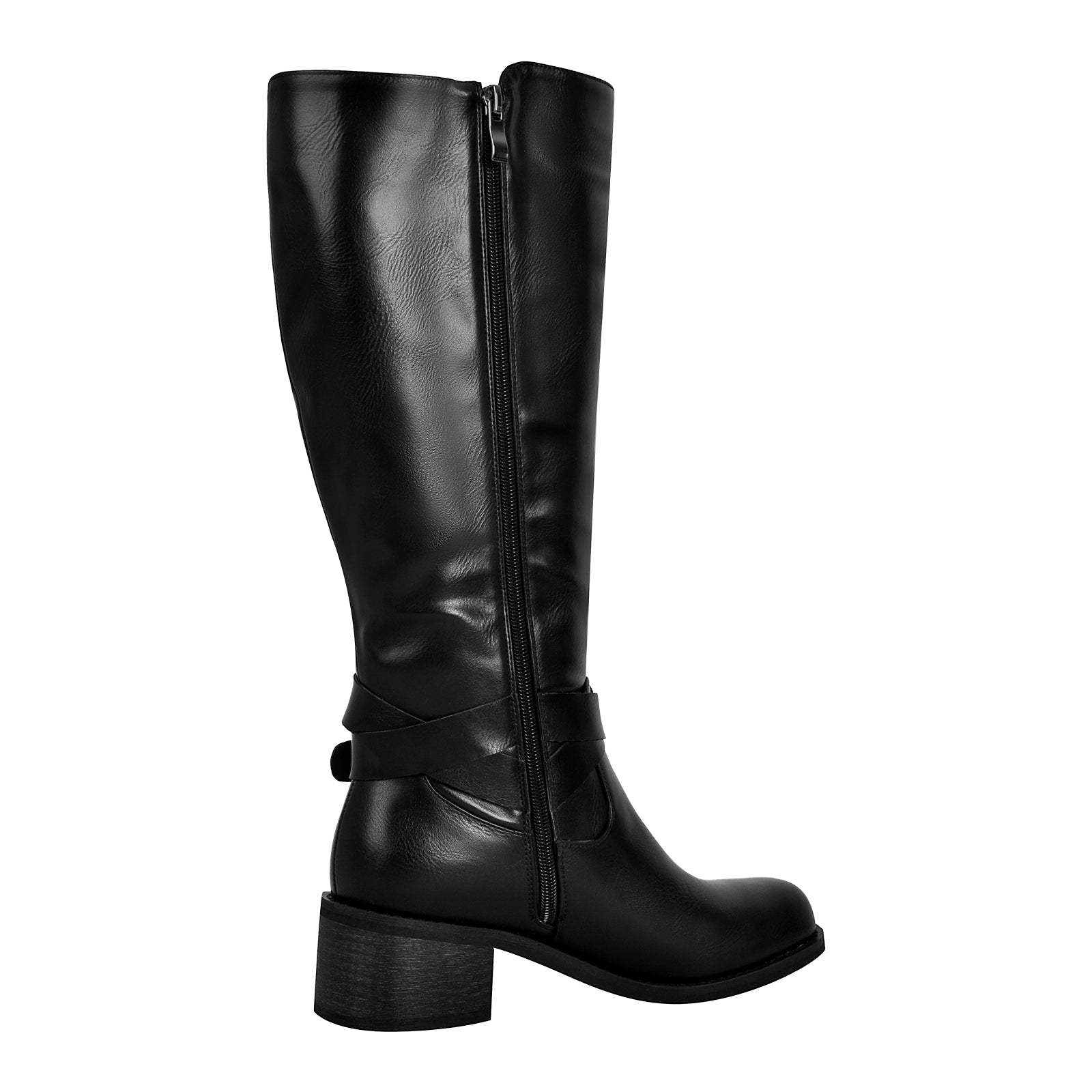 Langschaft Stiefel mit Blockabsatz verzierte Schnallen Weitschaft Schlupstiefel