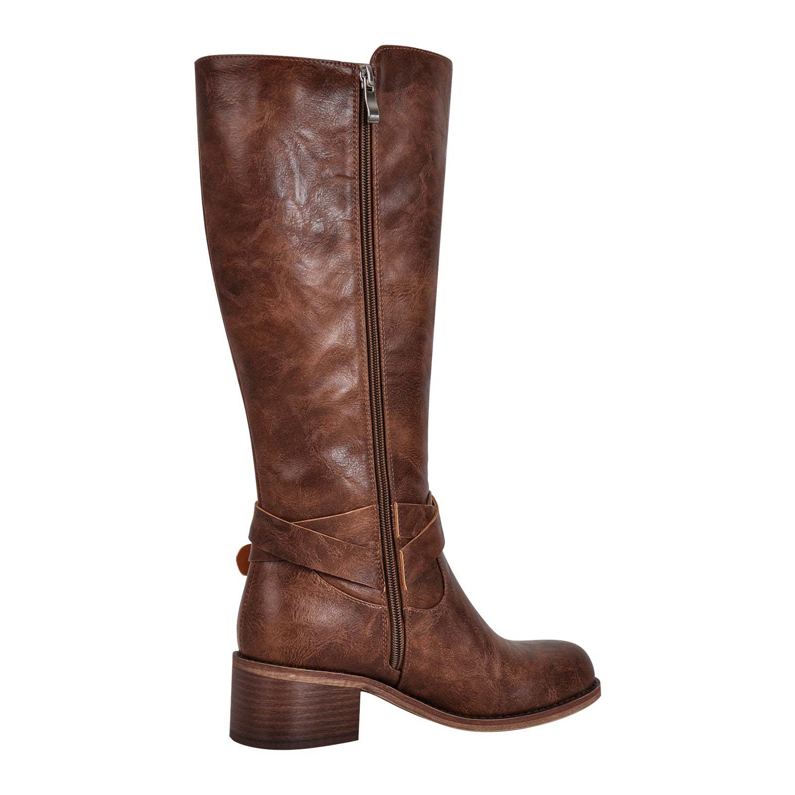 Langschaft Stiefel mit Blockabsatz verzierte Schnallen Weitschaft Schlupstiefel