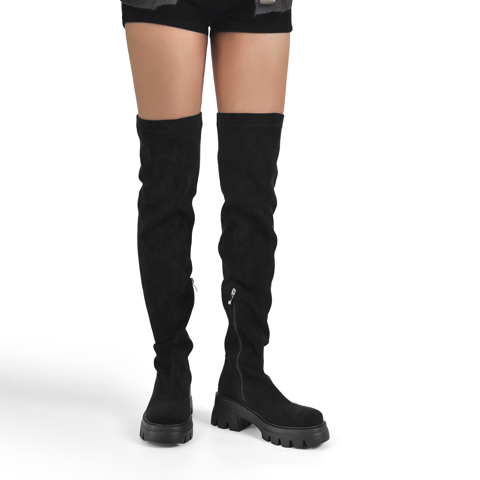 Schwarze Overknee Stretch Stiefel Round Toe