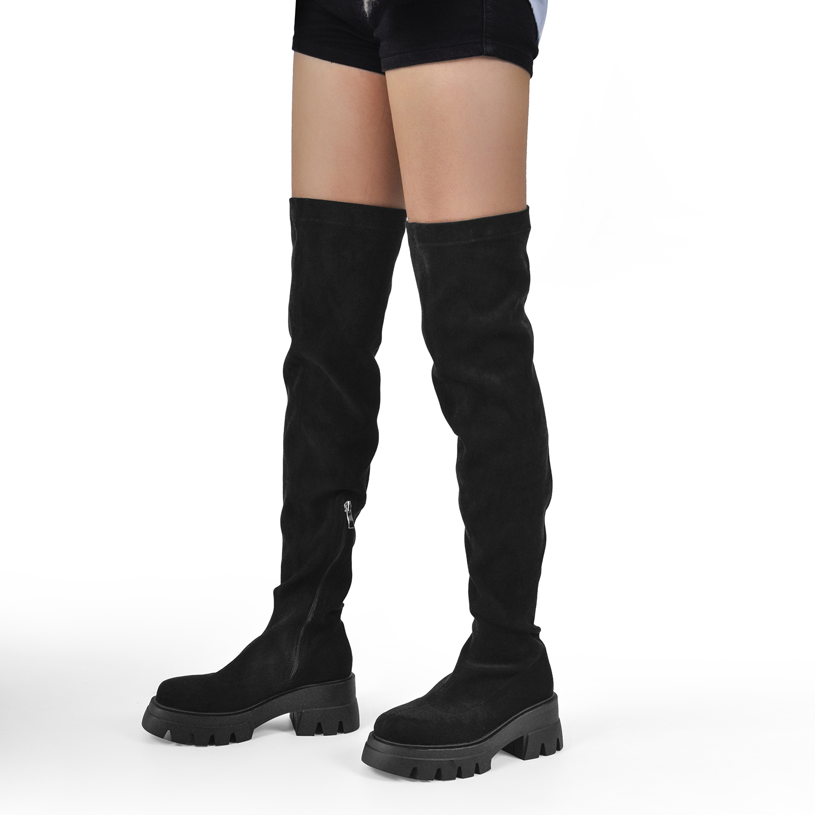 Schwarze Overknee Stretch Stiefel Round Toe