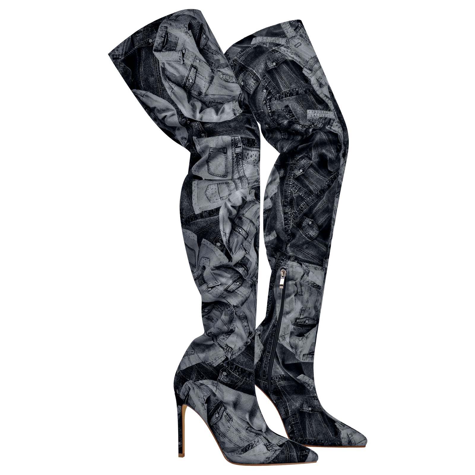 Overknee Langschaft Stiefel mit Pfennigabsatz Canvas Boots