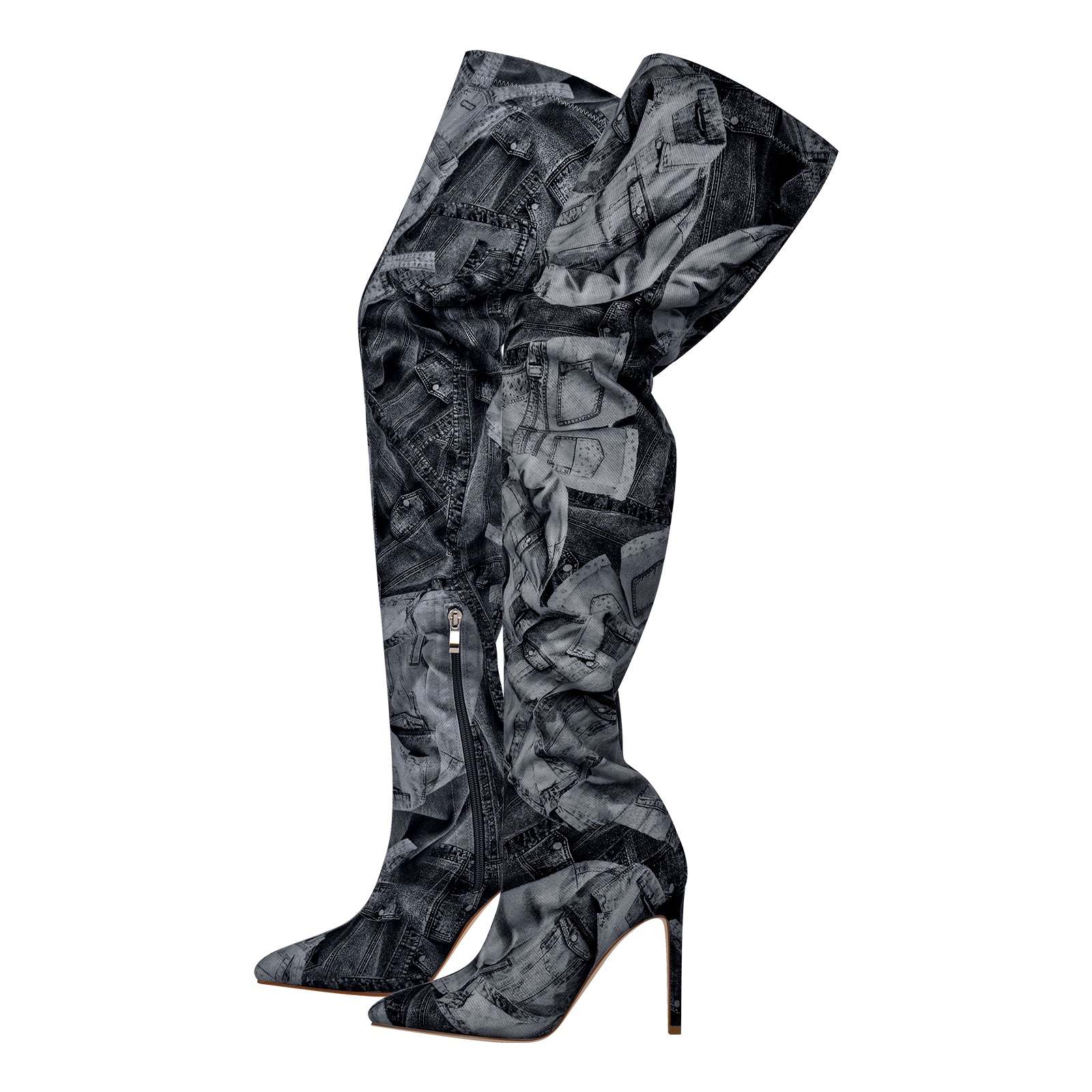 Overknee Langschaft Stiefel mit Pfennigabsatz Canvas Boots