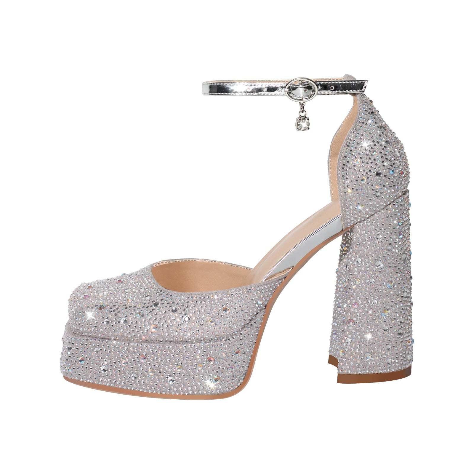 Plateau Riemchenpumps mit Blockabsatz Stöckelschuhe Knöchelschnallen Schmucksteinen