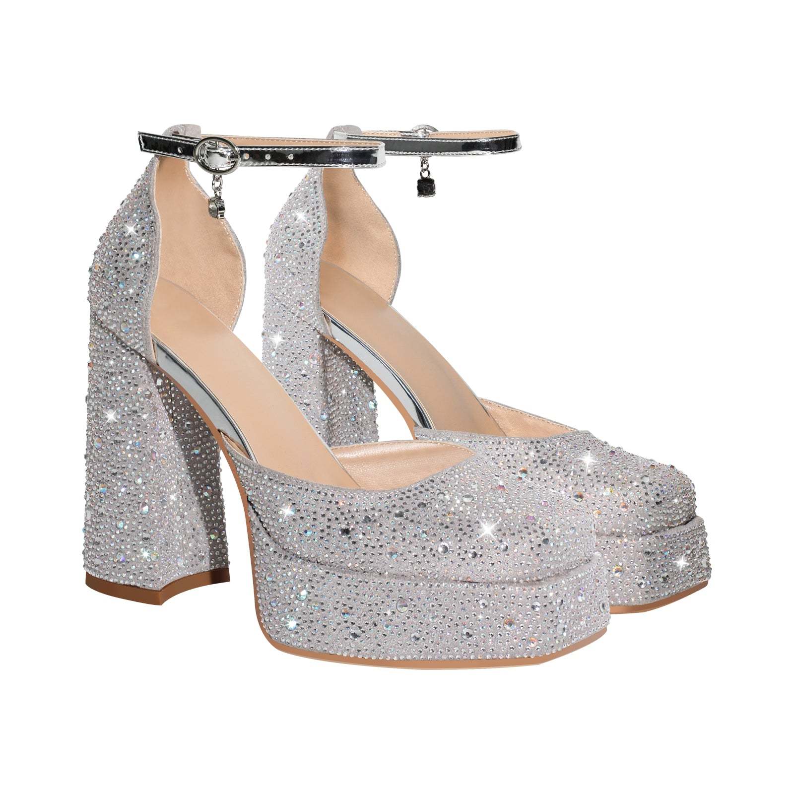 Plateau Riemchenpumps mit Blockabsatz Stöckelschuhe Knöchelschnallen Schmucksteinen