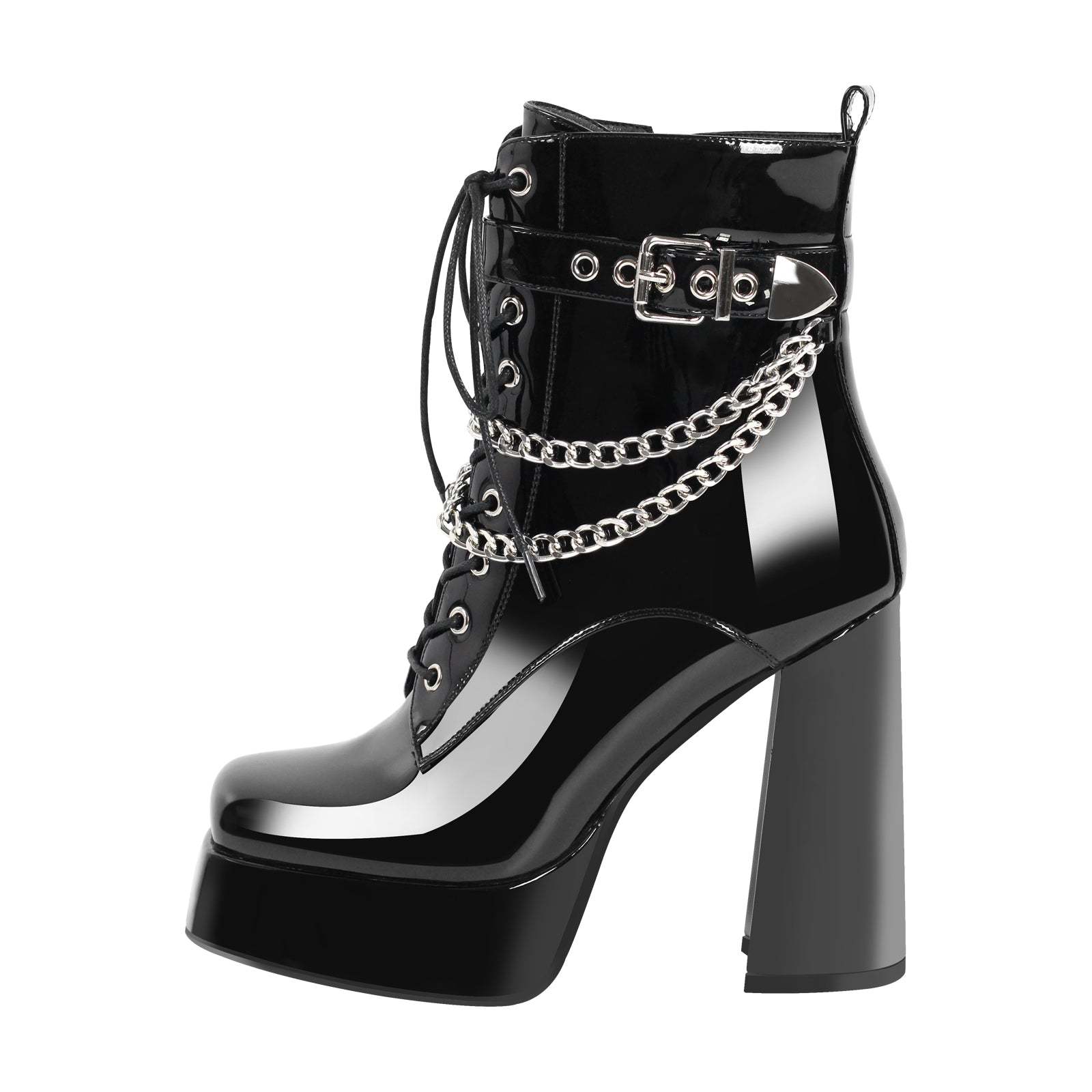 Plateau Schnürstiefel verzierte Schnallen Metallketten Knöchelstiefel Blockabsatz