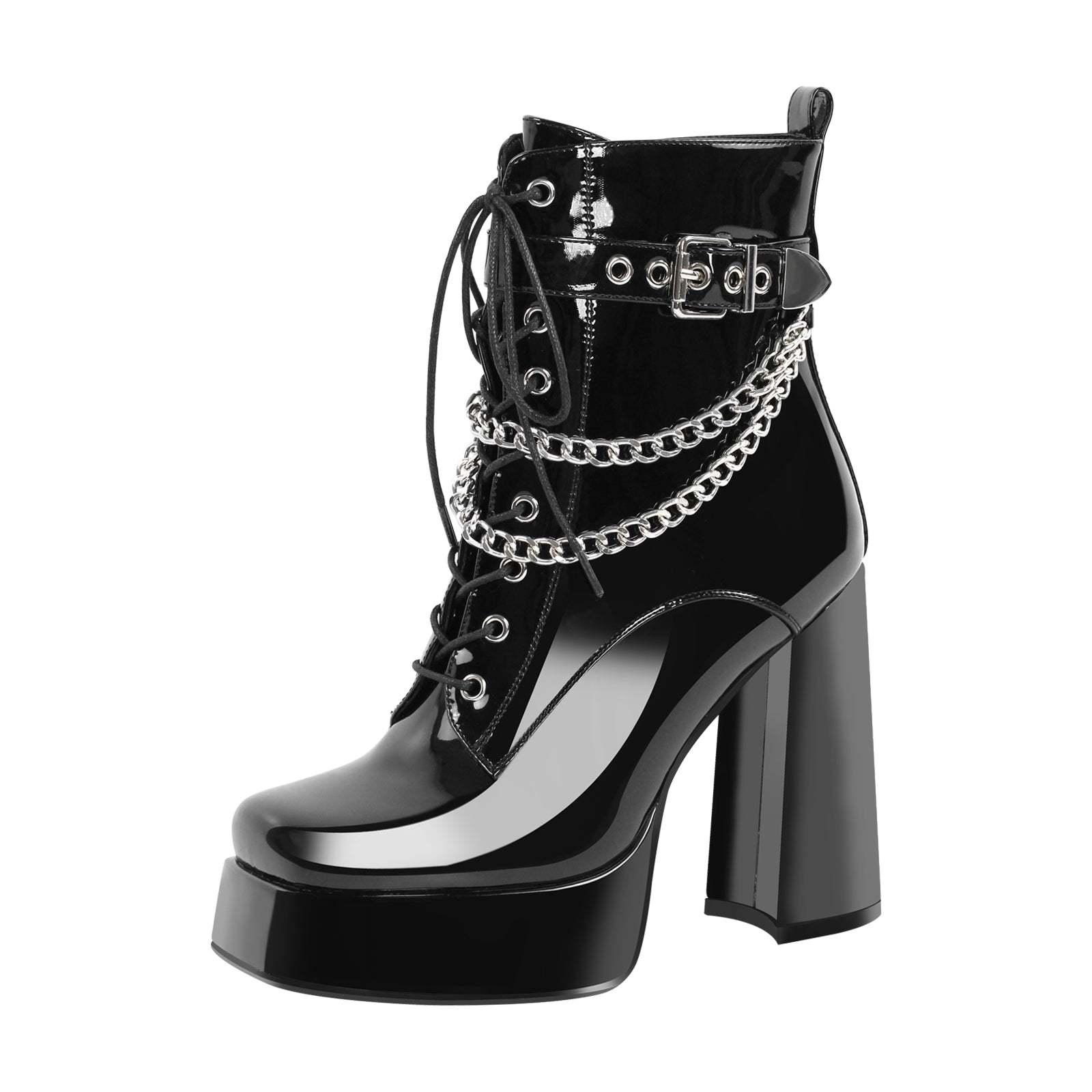 Plateau Schnürstiefel verzierte Schnallen Metallketten Knöchelstiefel Blockabsatz