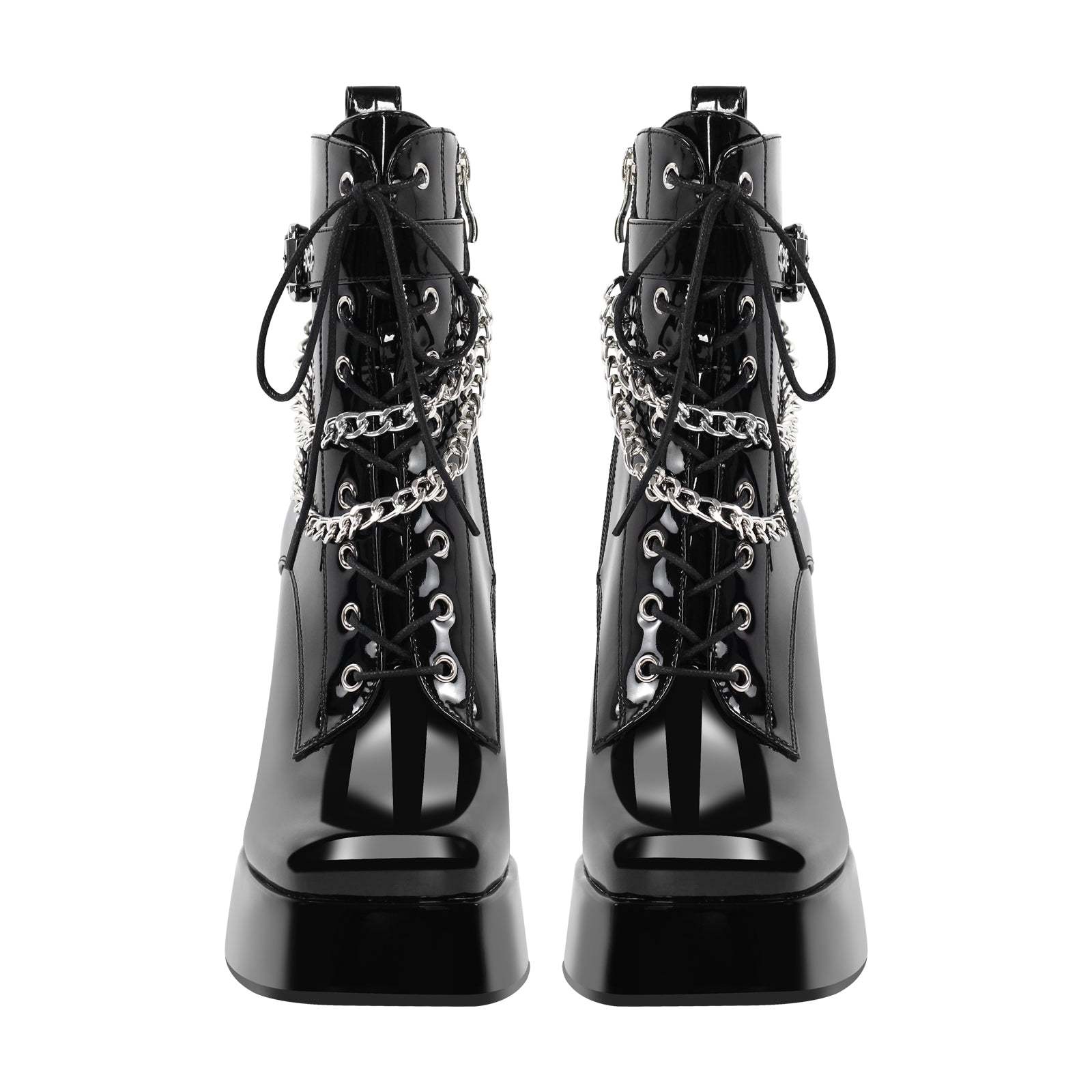 Plateau Schnürstiefel verzierte Schnallen Metallketten Knöchelstiefel Blockabsatz