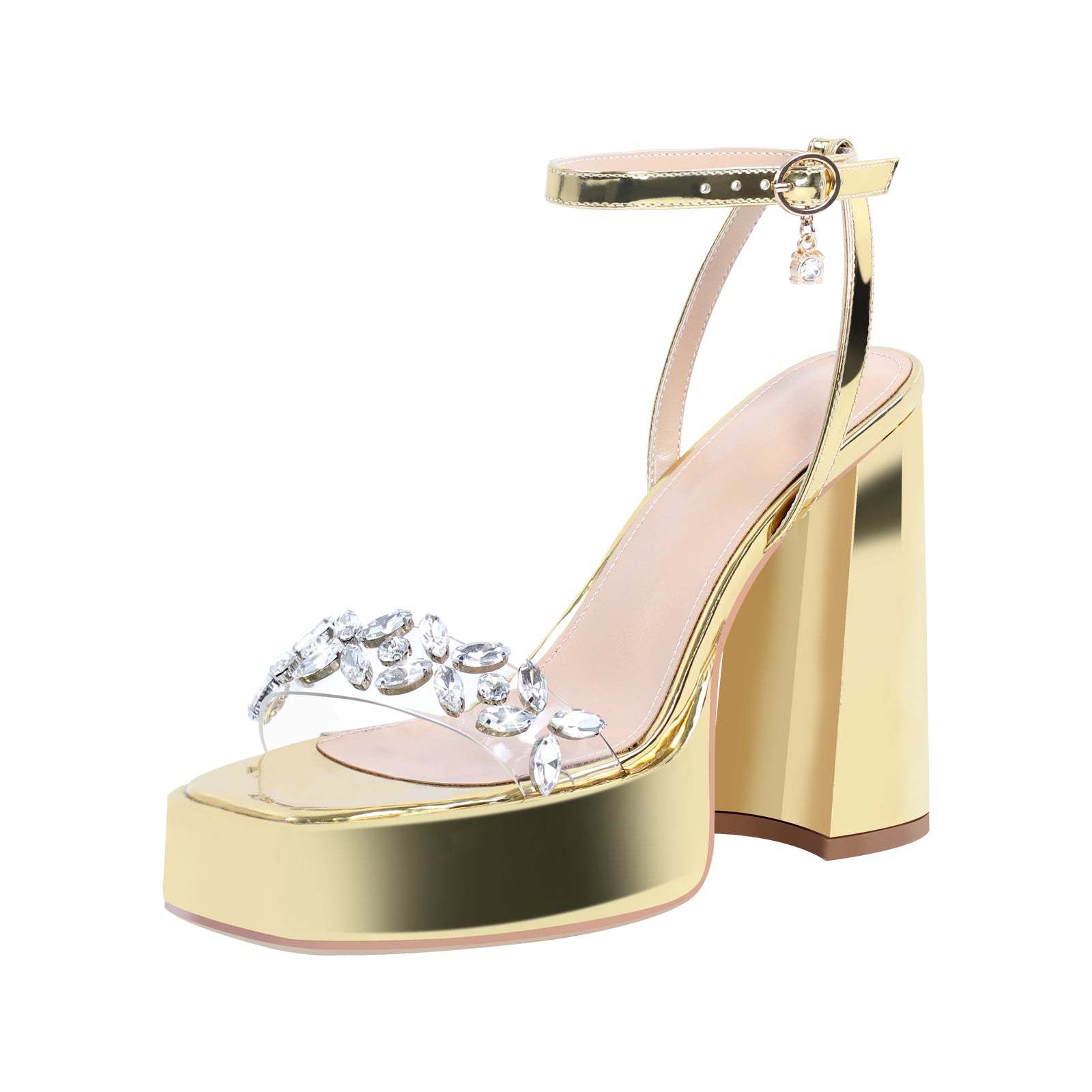 Plateau Strass Sandalen mit Blockabsatz Silber Gold Abendschuhe