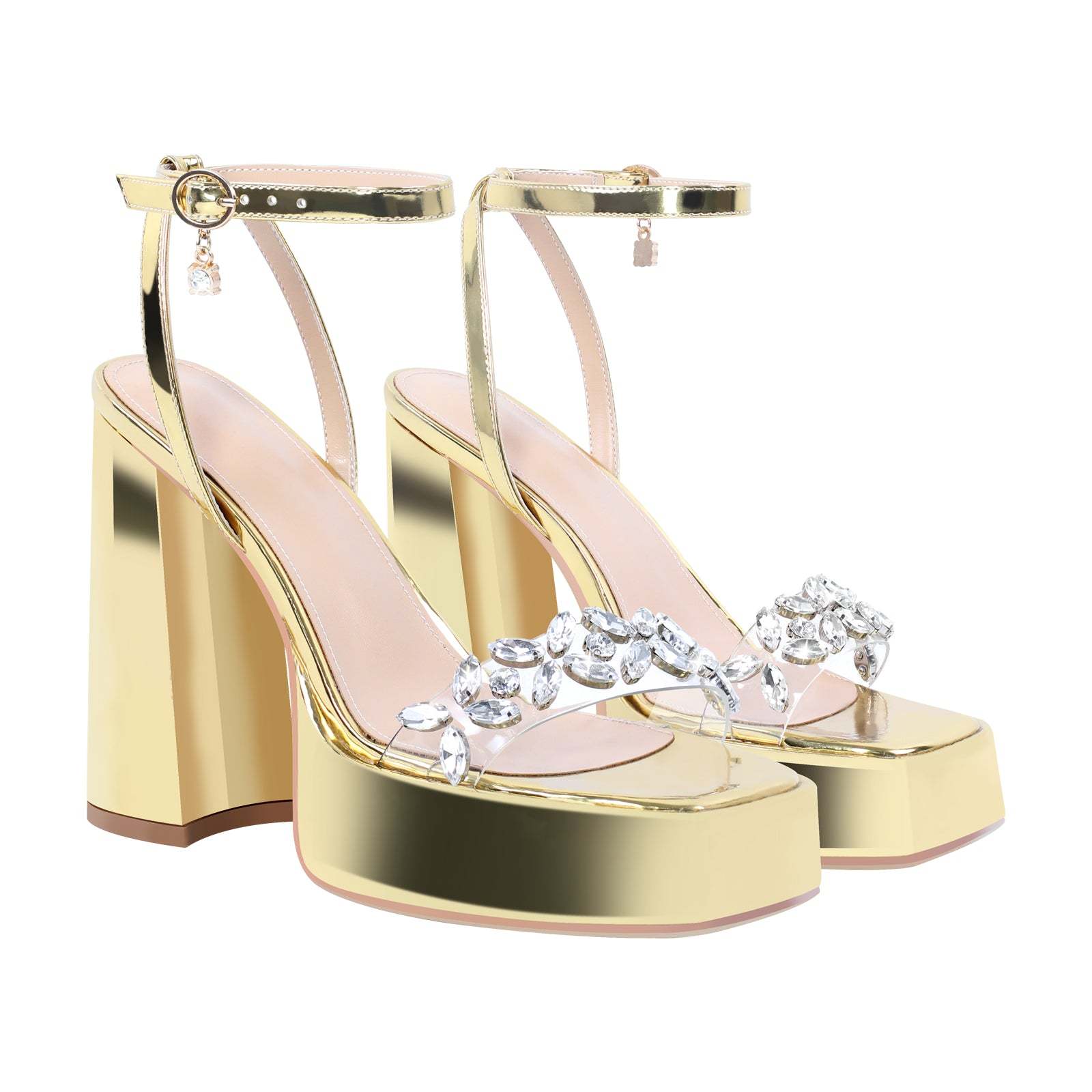 Plateau Strass Sandalen mit Blockabsatz Silber Gold Abendschuhe