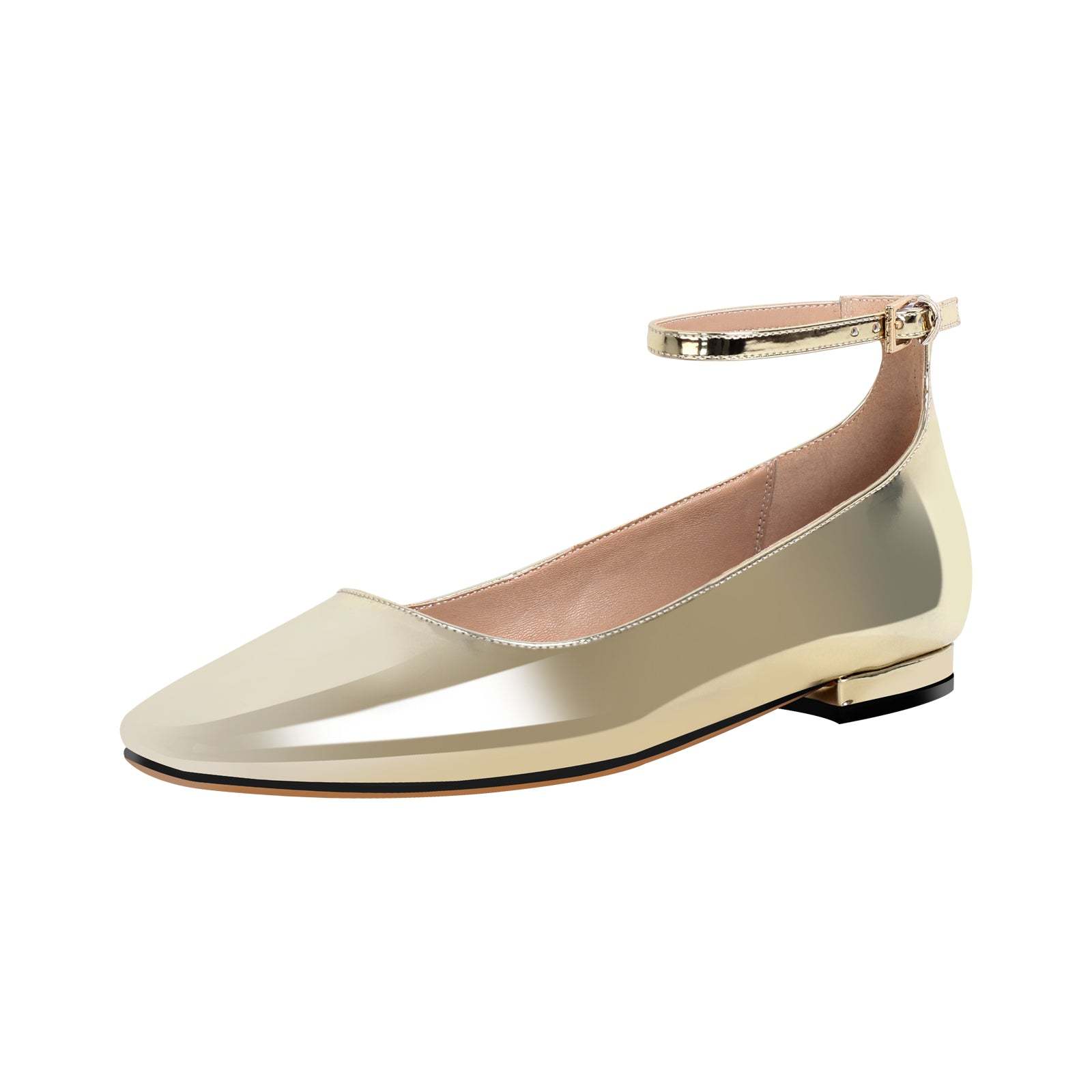 Flache Pumps Mary Janes Lack Bequeme Ballerinas Knöchelschnallen Gold Silber