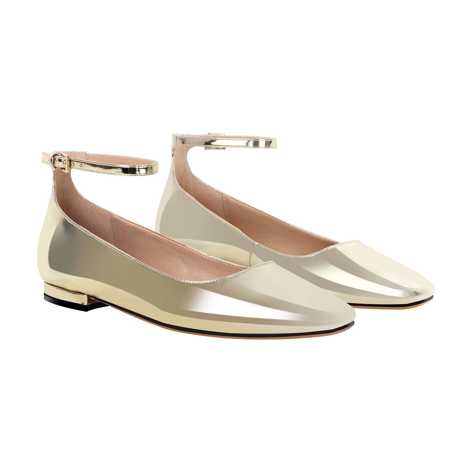 Flache Pumps Mary Janes Lack Bequeme Ballerinas Knöchelschnallen Gold Silber