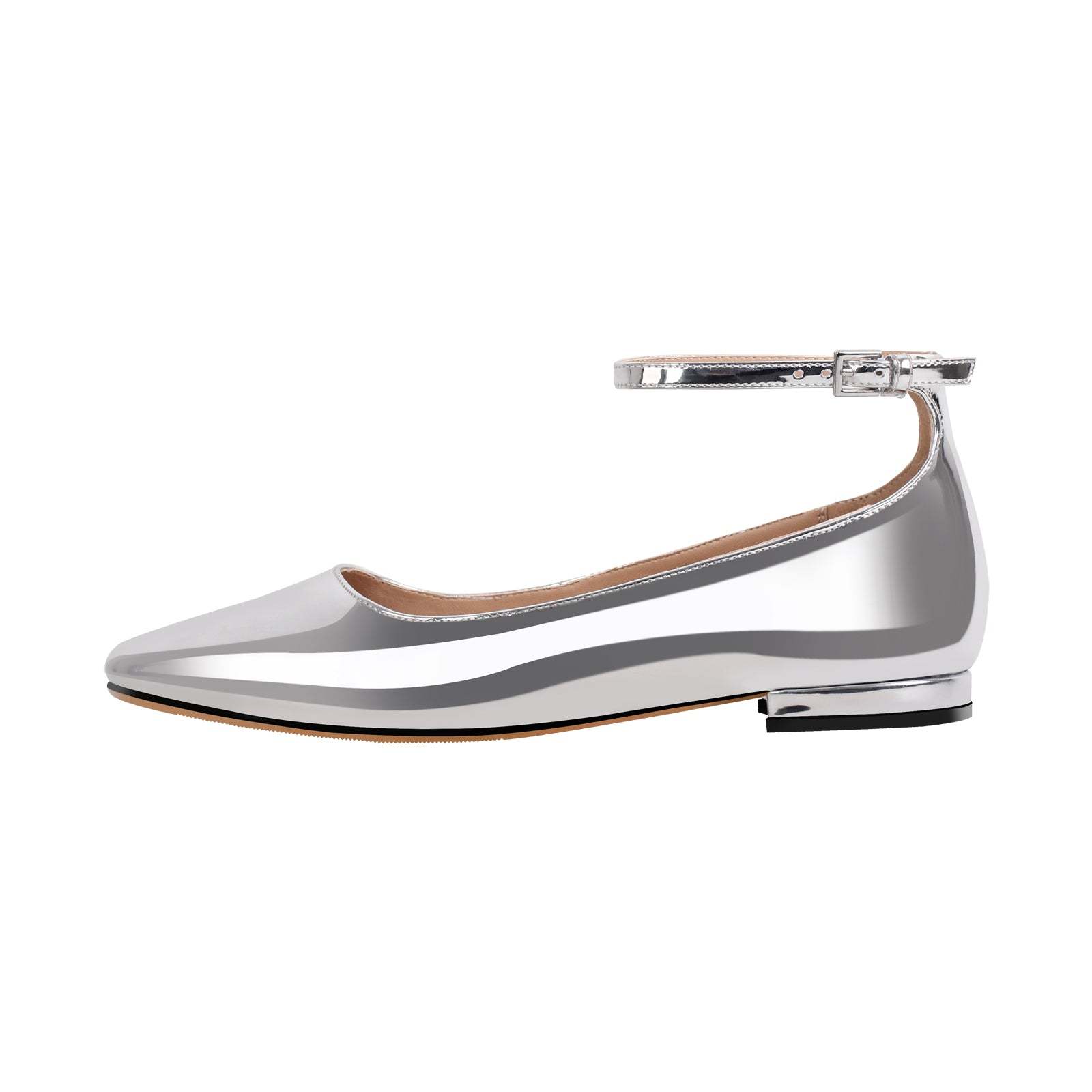 Flache Pumps Mary Janes Lack Bequeme Ballerinas Knöchelschnallen Gold Silber