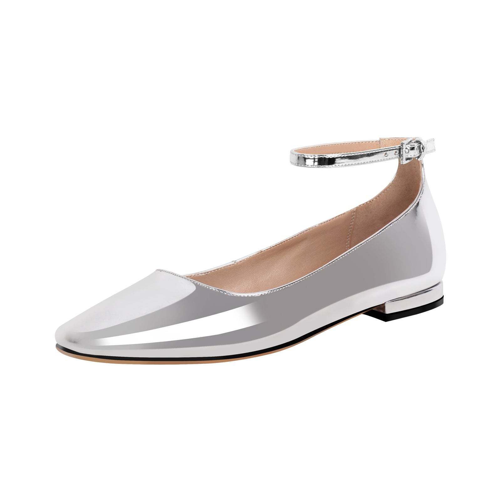 Flache Pumps Mary Janes Lack Bequeme Ballerinas Knöchelschnallen Gold Silber