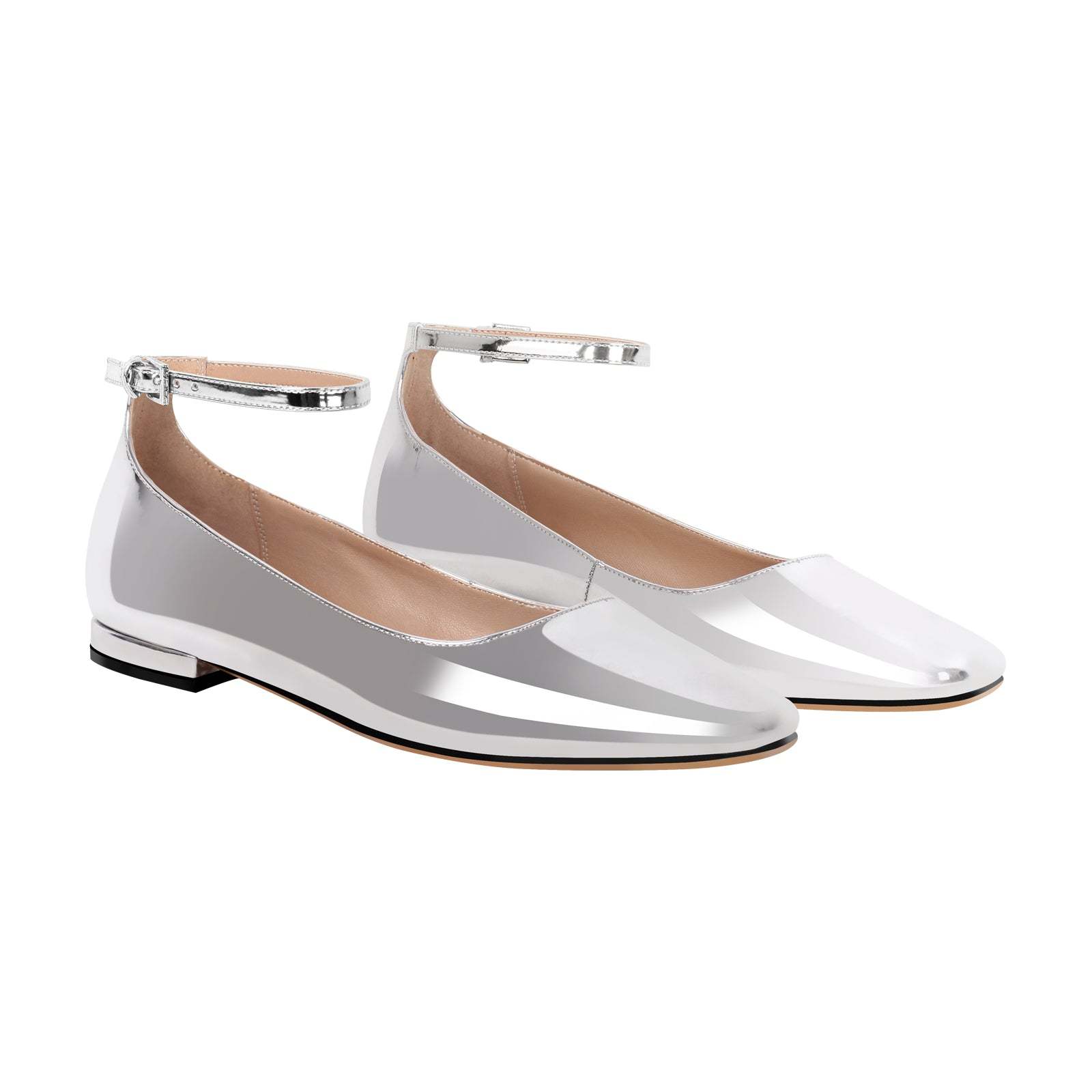 Flache Pumps Mary Janes Lack Bequeme Ballerinas Knöchelschnallen Gold Silber
