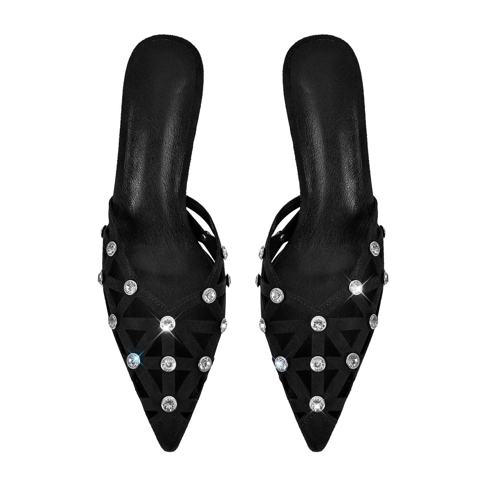 Pantoletten mit Kitten absatz Kreuzriemchen verzierte Schmucksteinen High Heels