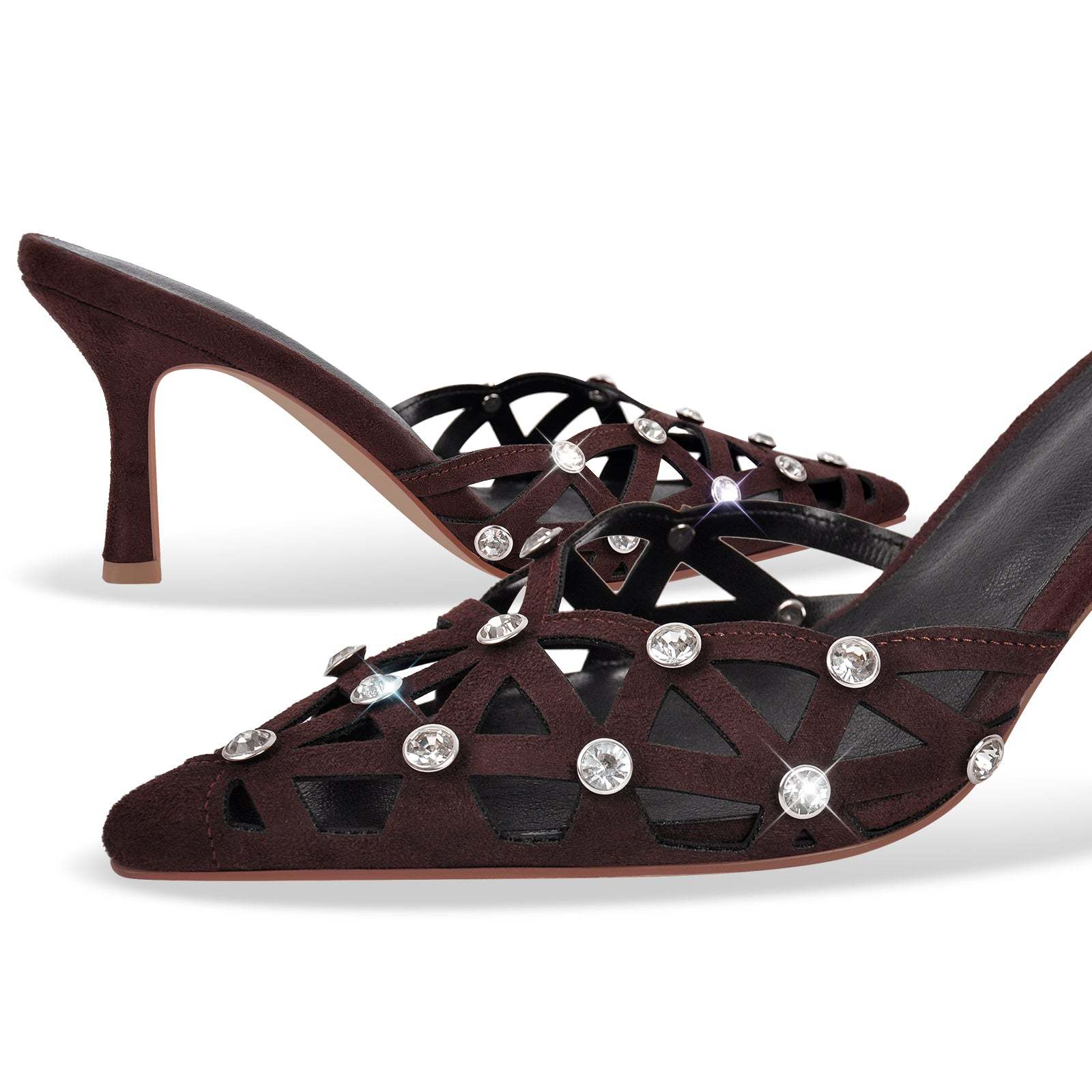 Pantoletten mit Kitten absatz Kreuzriemchen verzierte Schmucksteinen High Heels