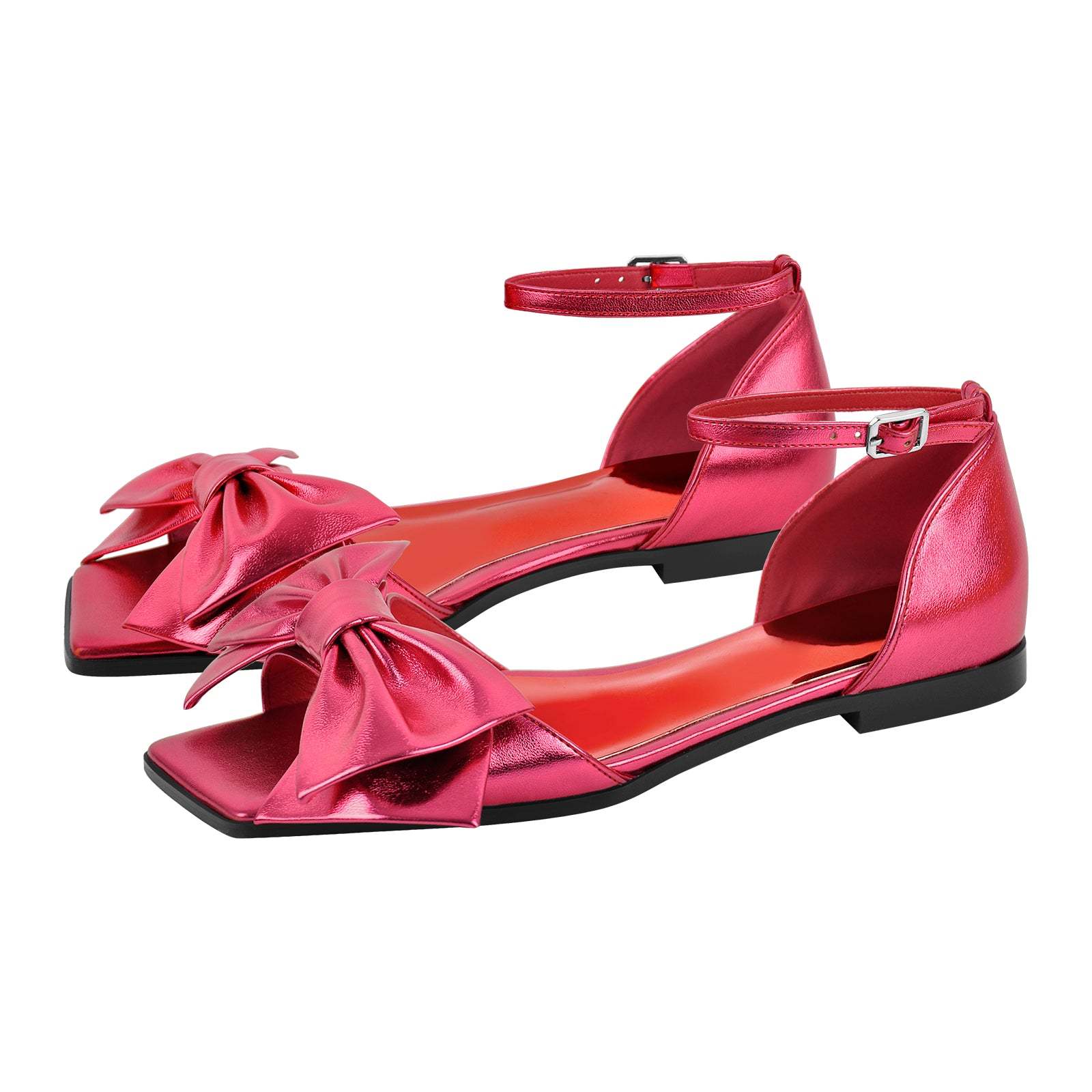 Flache Schuhe Sandalen mit Knöchelschnallen Schleife Lack