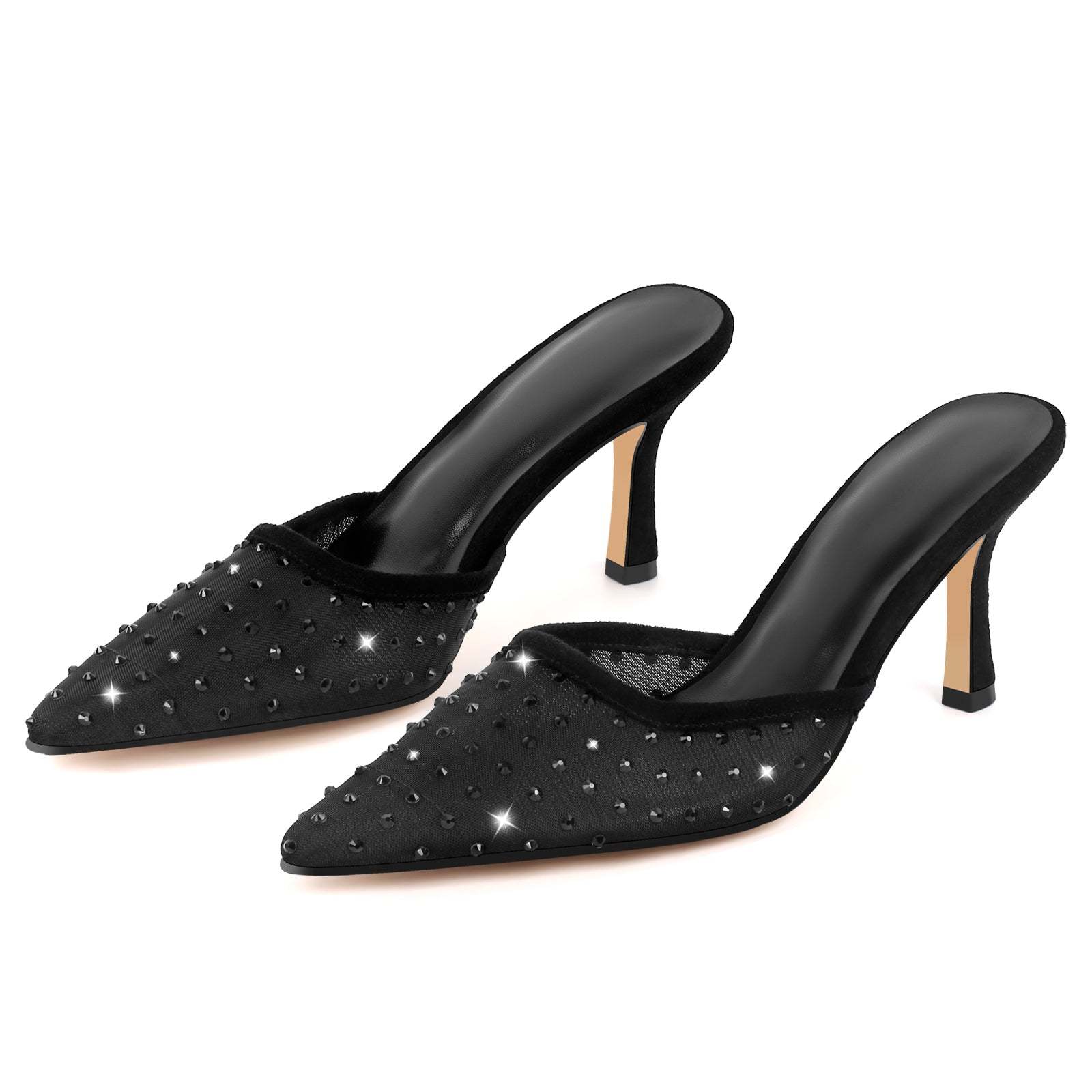 Spitze Zehen Pantoletten mit Kitten Absatz Stilettos Slip On Pumps Schmucksteinen