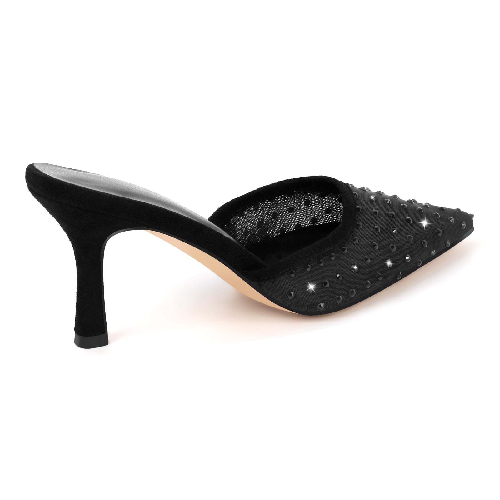 Spitze Zehen Pantoletten mit Kitten Absatz Stilettos Slip On Pumps Schmucksteinen