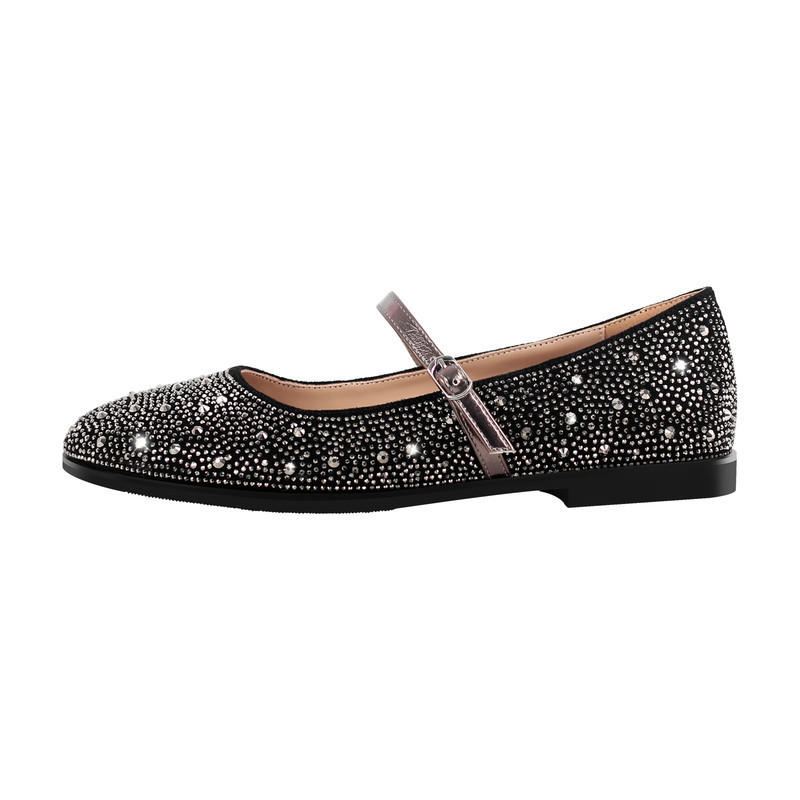 Runde Zehe Strass Schnalle Riemen Flats