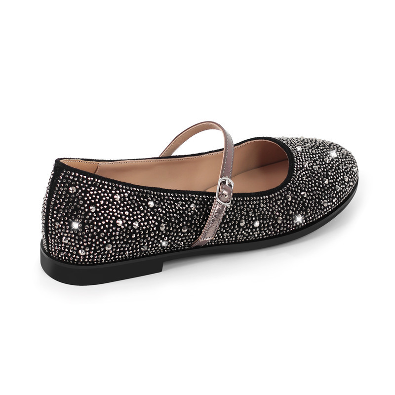 Runde Zehe Strass Schnalle Riemen Flats