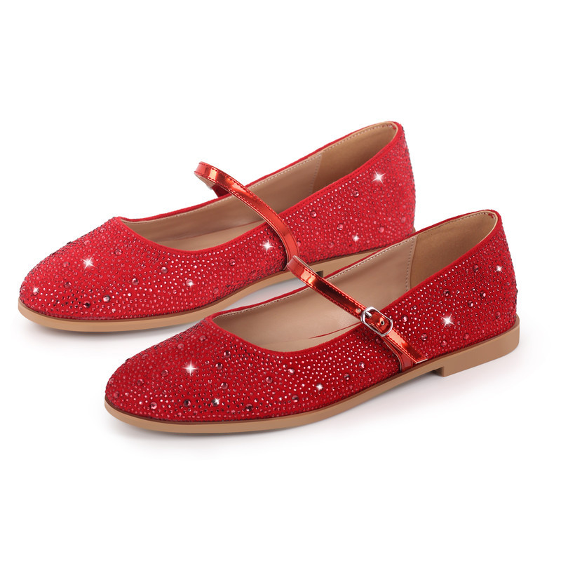 Runde Zehe Strass Schnalle Riemen Flats