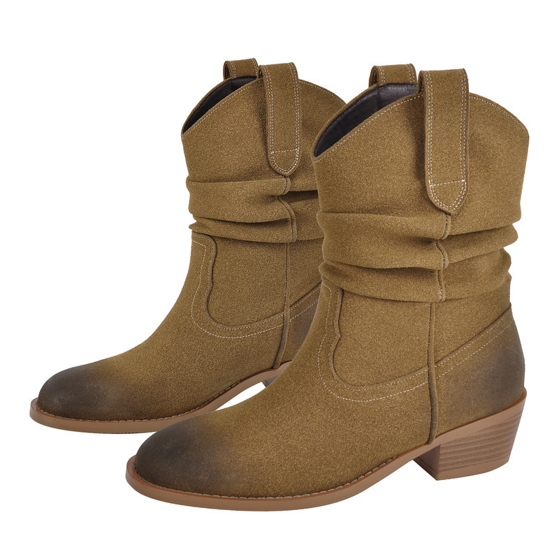Suede Cowboy Knöchelstiefel Runder Zehenbereich Chunky Heel