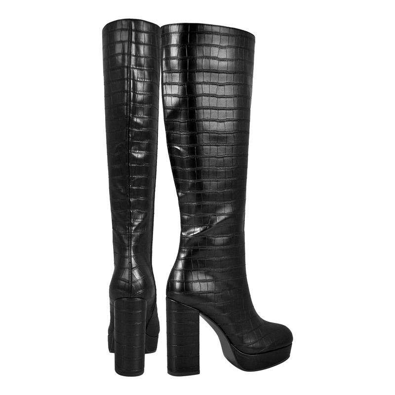 Round Toe Plateau Knee Stiefel klobiger Absatz