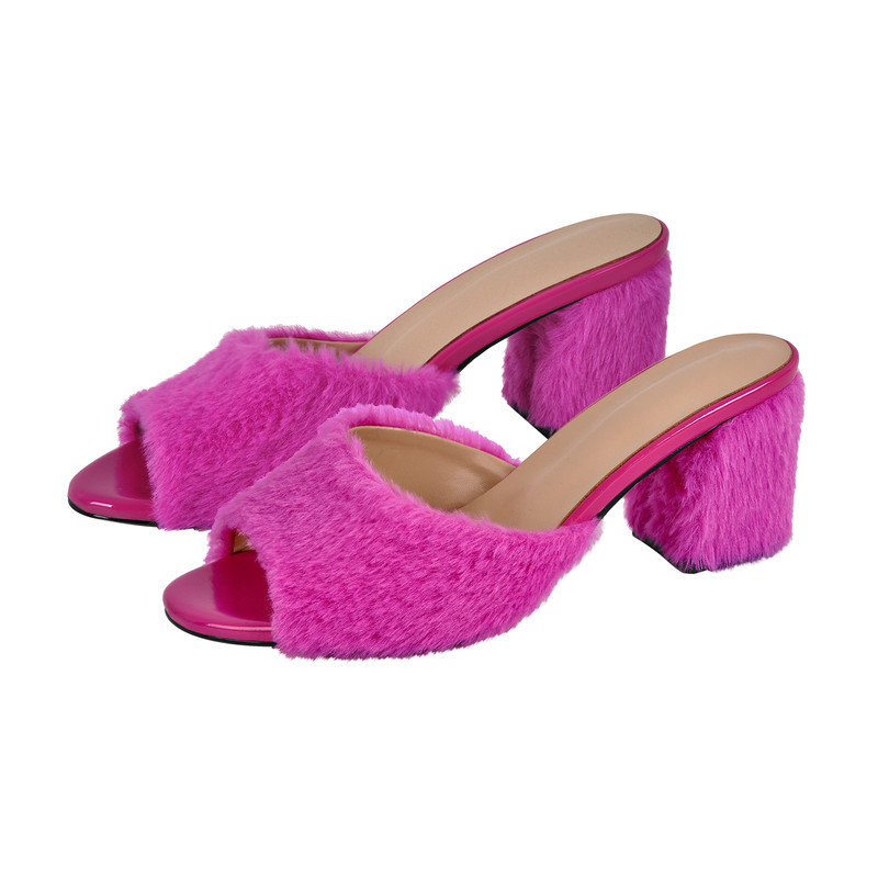 Round Toe Pelzsandalen Pantoletten mit klobigem Absatz