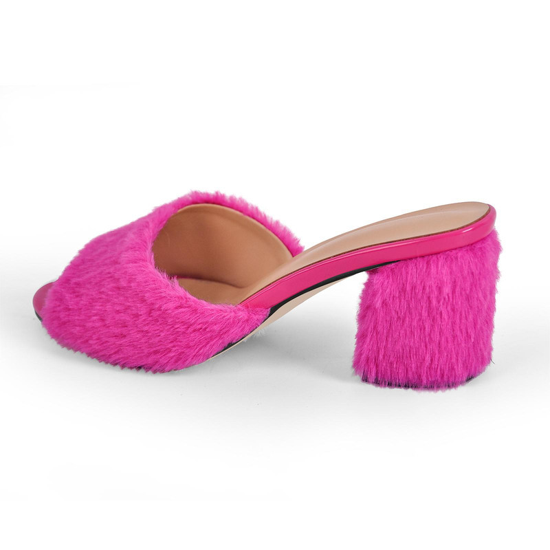 Round Toe Pelzsandalen Pantoletten mit klobigem Absatz