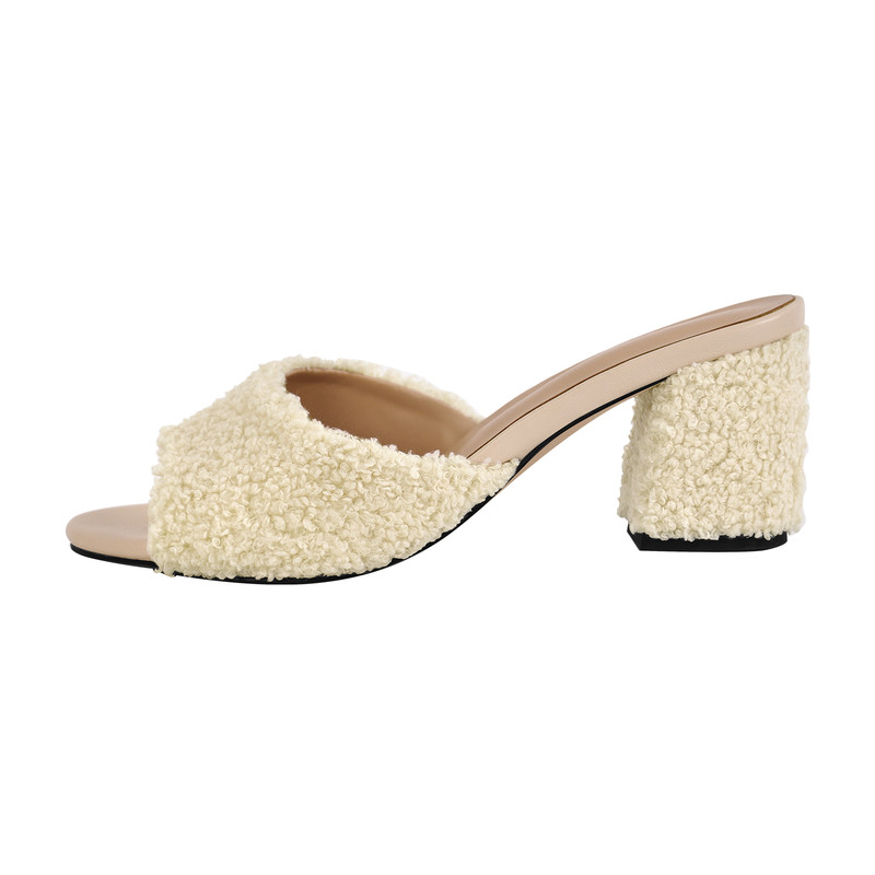 Round Toe Pelzsandalen Pantoletten mit klobigem Absatz